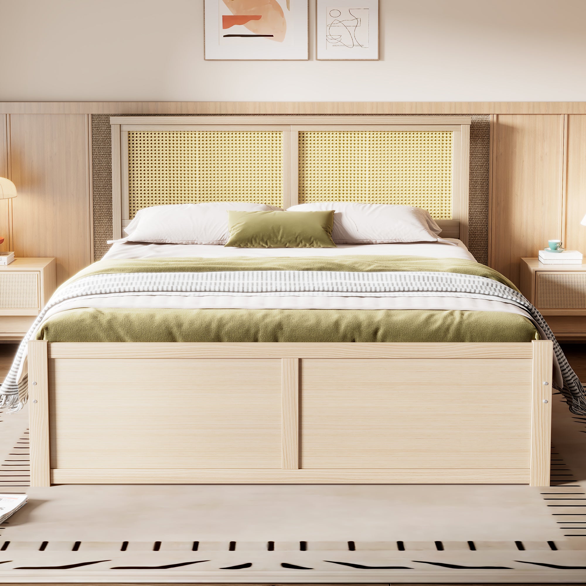 Wood Storage Platform Bed with Rattan Headboard