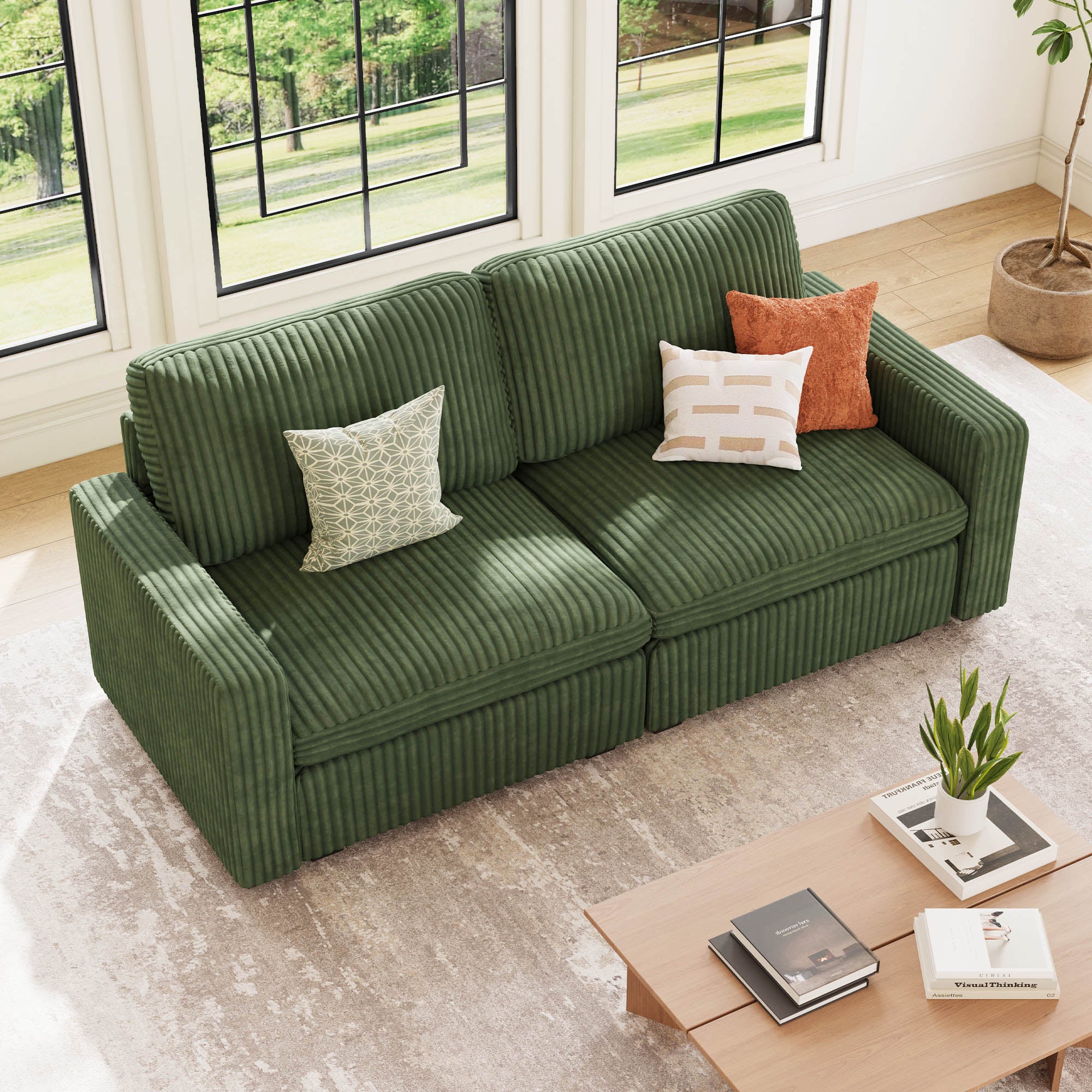 Thara 2 Seats + 4 Sides Oversized Modular Wide-Ribbed Corduroy Loveseat Sofa with Large Storage Seat