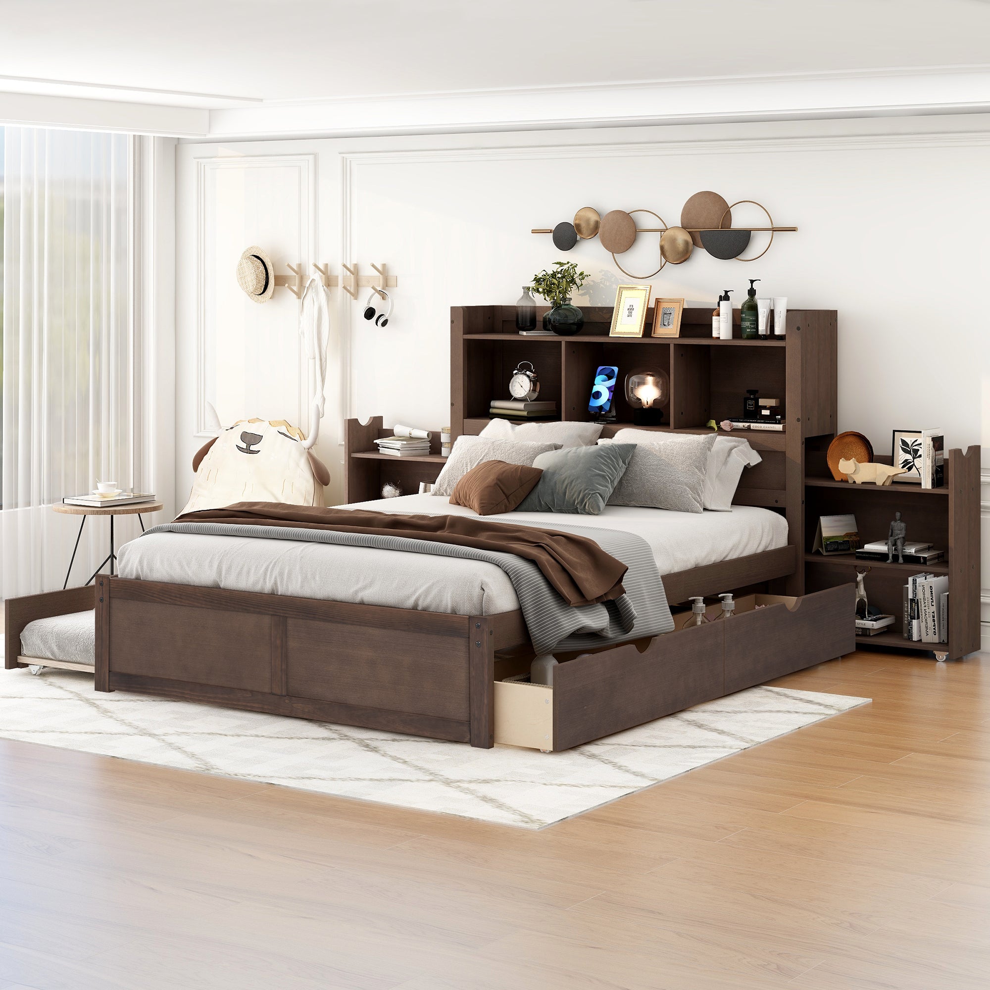 Storage Platform Full Size Bed with Pull Out Shelves