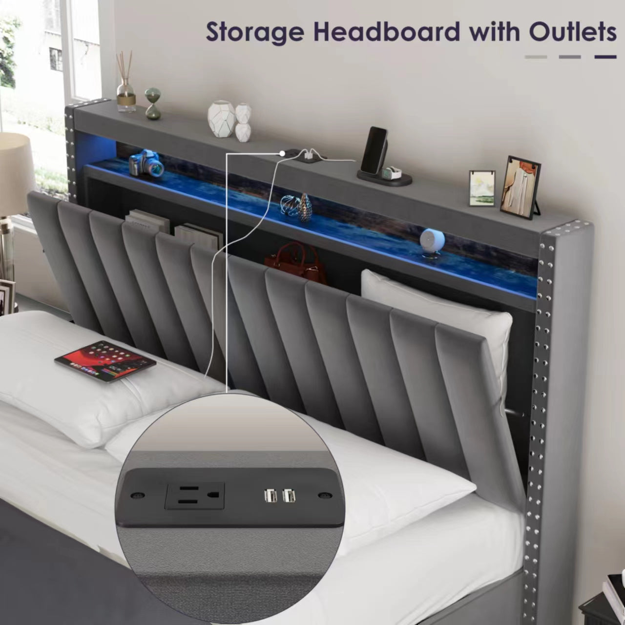 Luxury Gas Lift Storage Bed with RF LED Lights and Storage Headboard