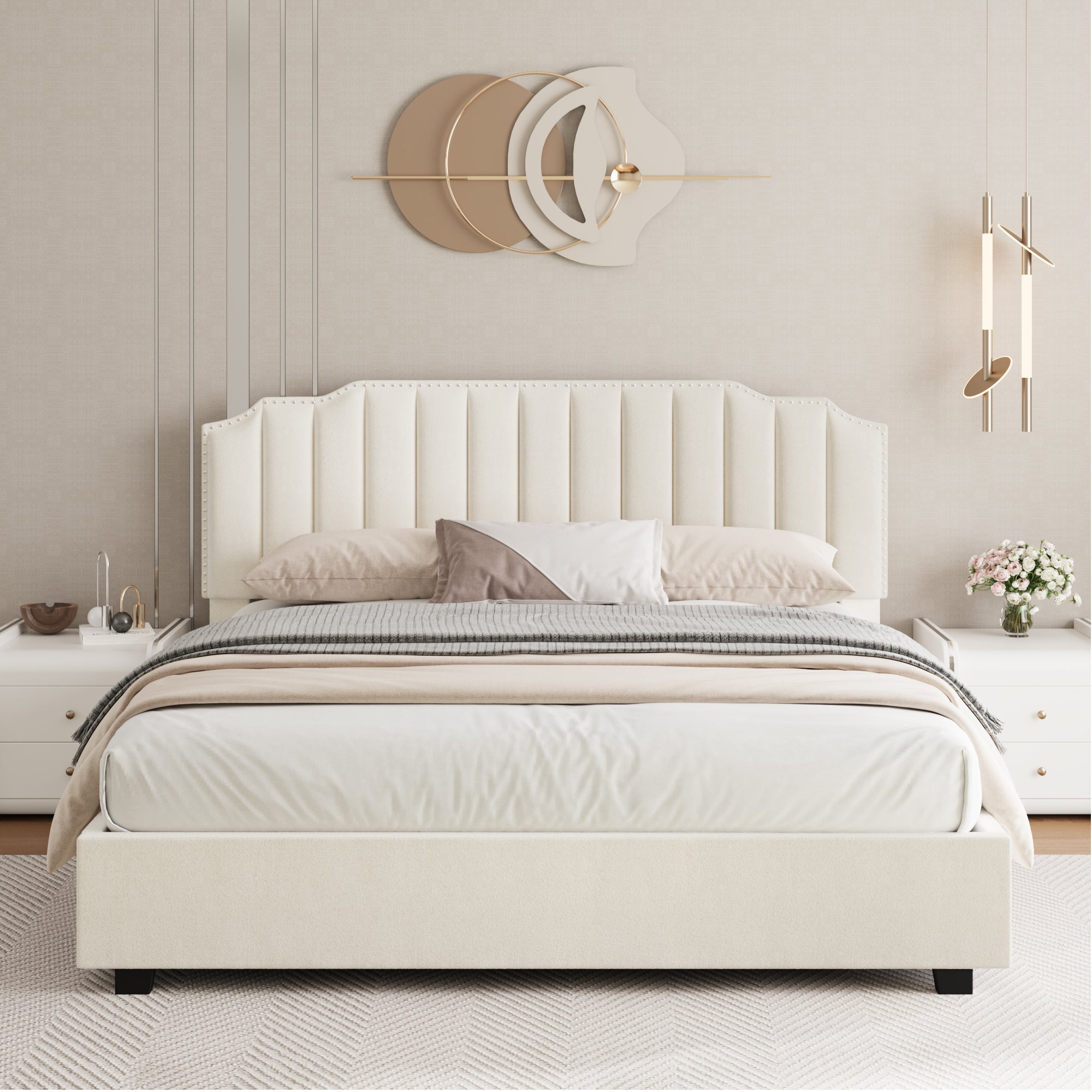 Lift Up Velvet Bed with Modern Wingback Headboard