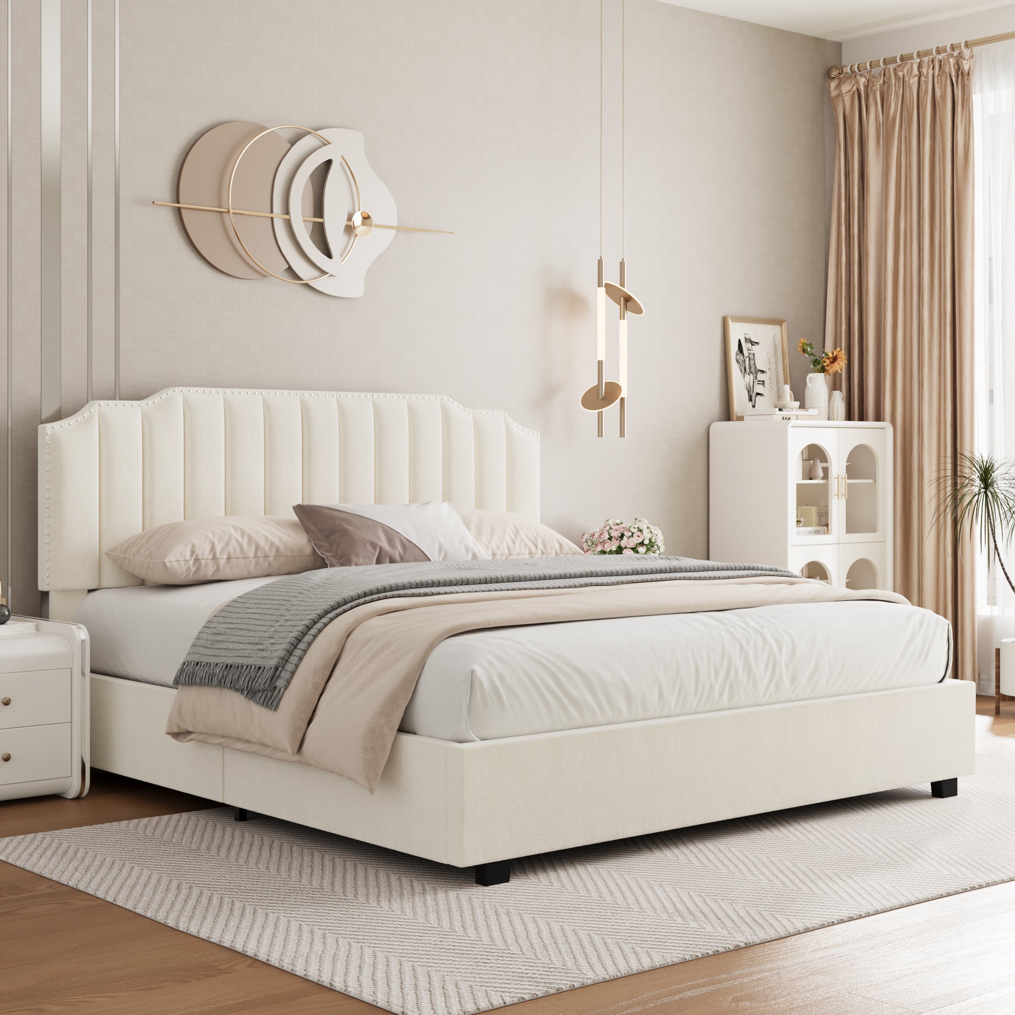 Lift Up Velvet Bed with Modern Wingback Headboard