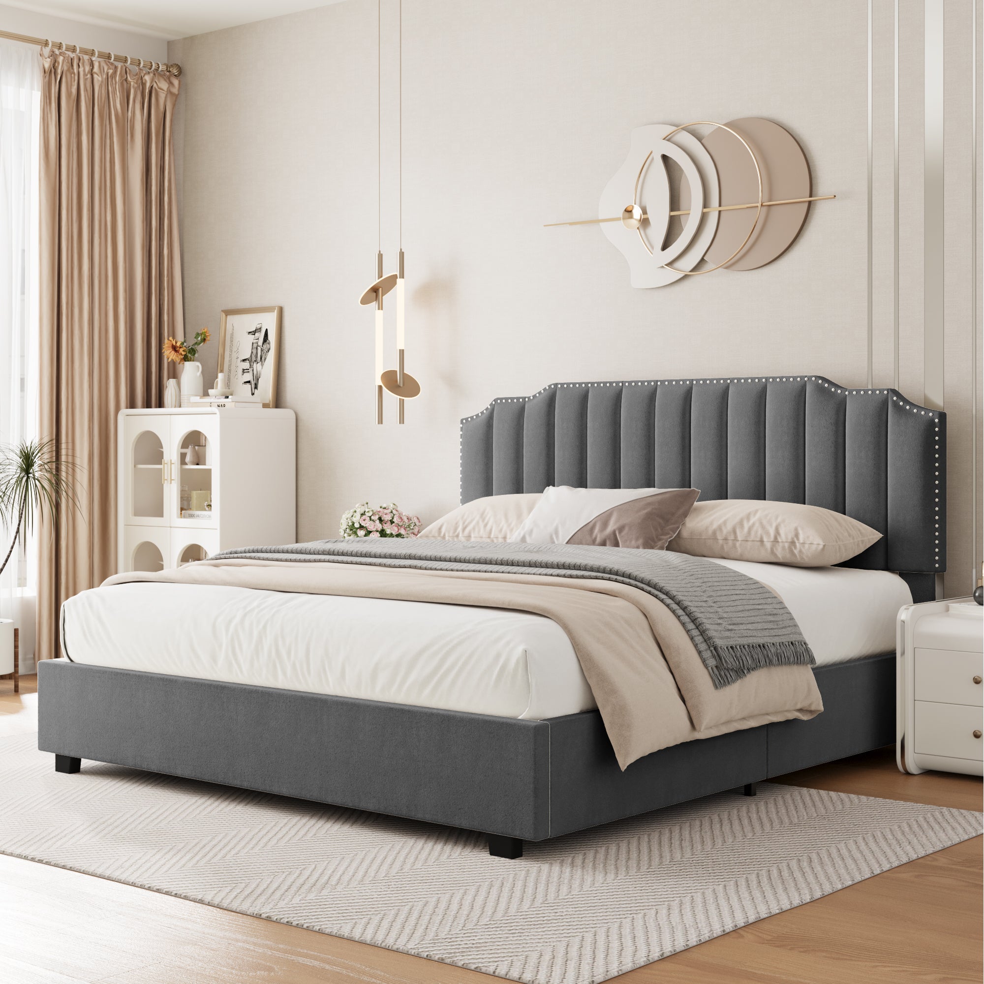 Lift Up Velvet Bed with Modern Wingback Headboard