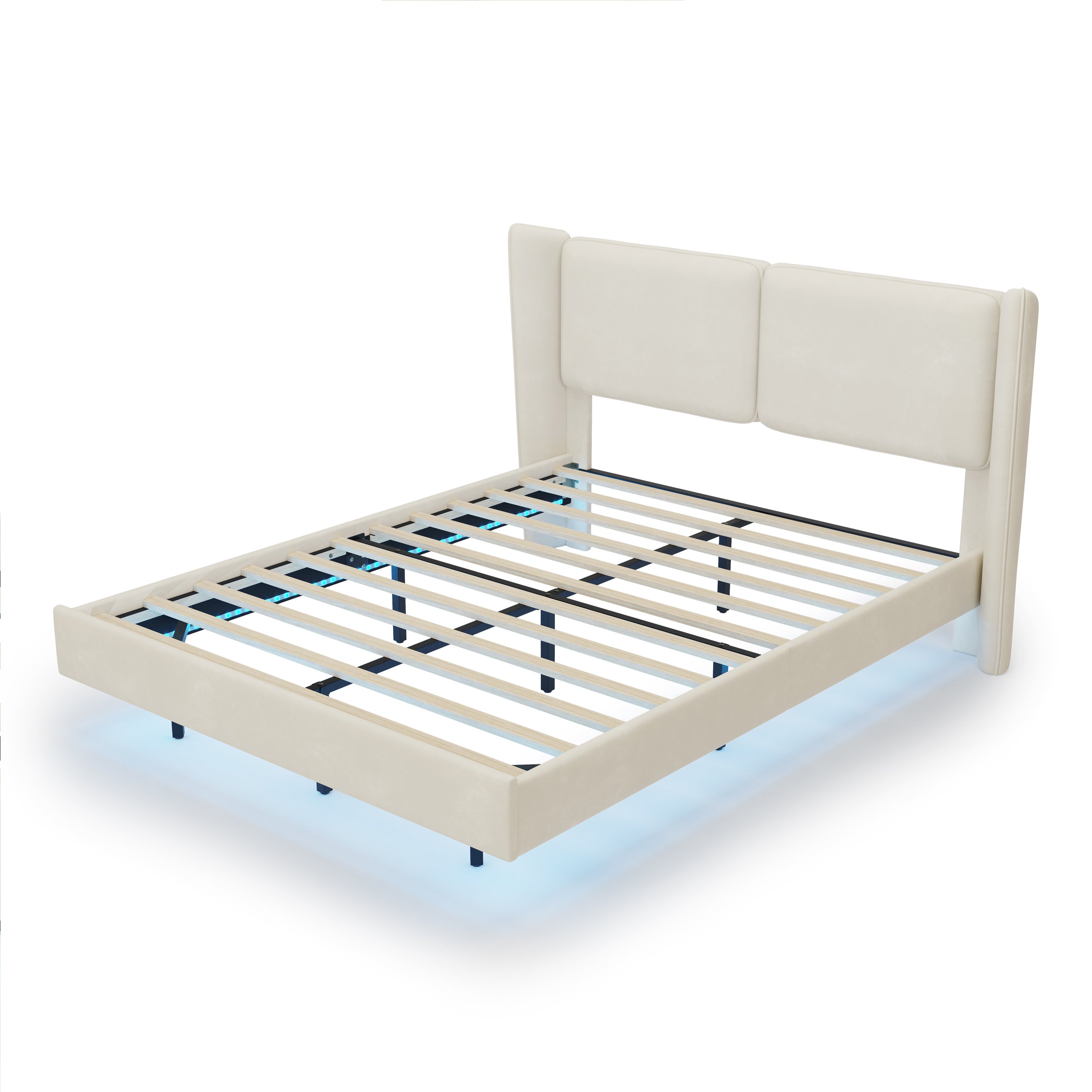 Modern Style Velvet Floating Bed Frame with LED Lights