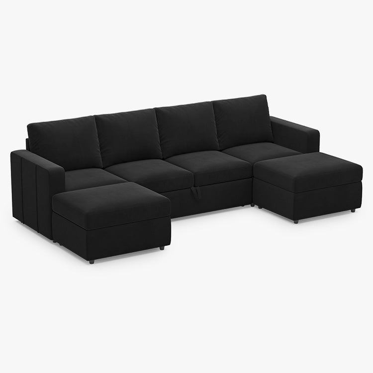 Elva 4 Seats Modular Velvet Pull-out Sleeper Sofa with Storage Ottoman