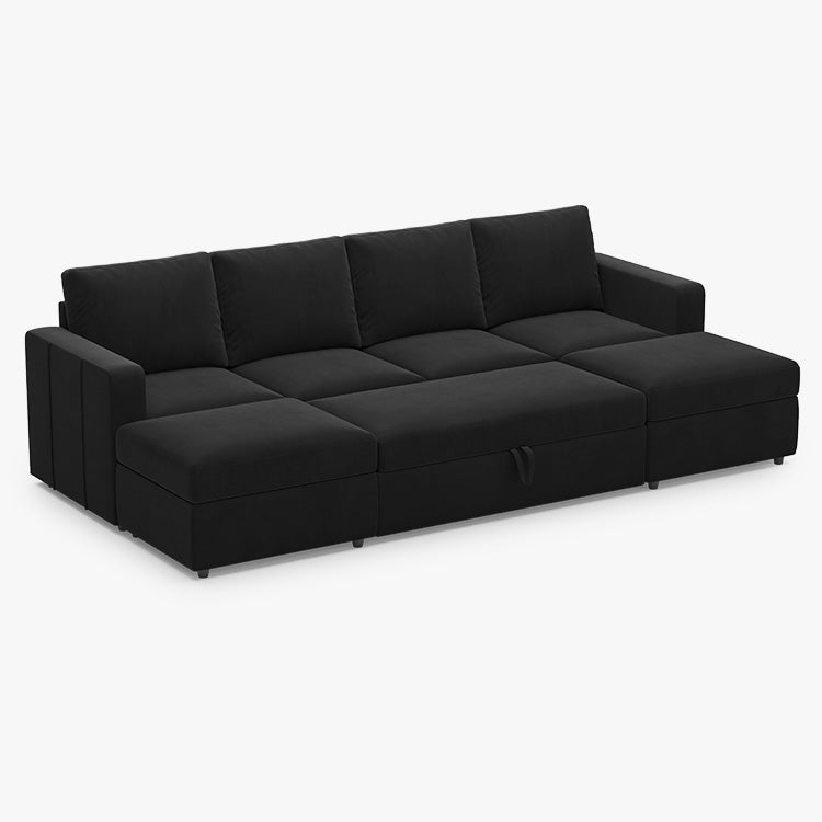 Elva 4 Seats Modular Velvet Pull-out Sleeper Sofa with Storage Ottoman
