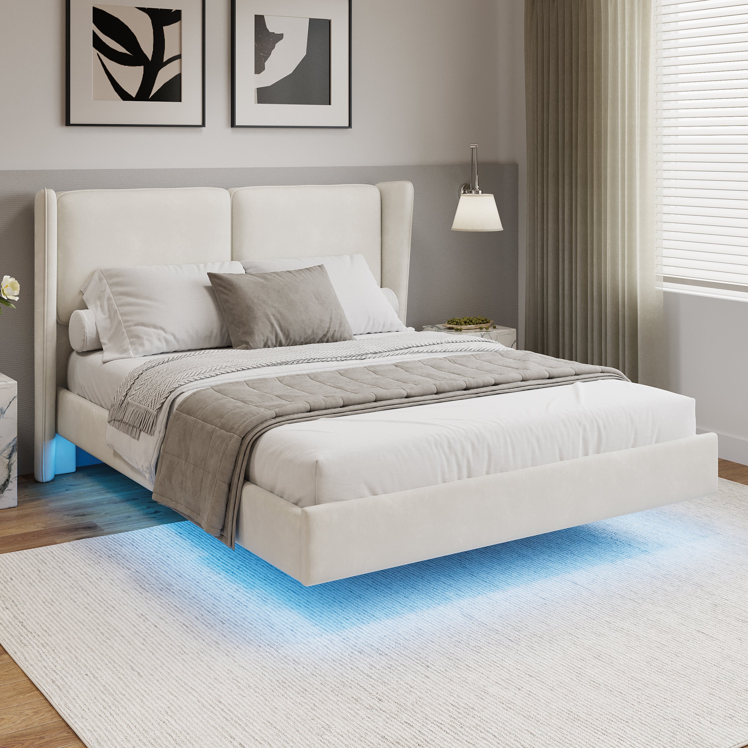 Modern Style Velvet Floating Bed Frame with LED Lights