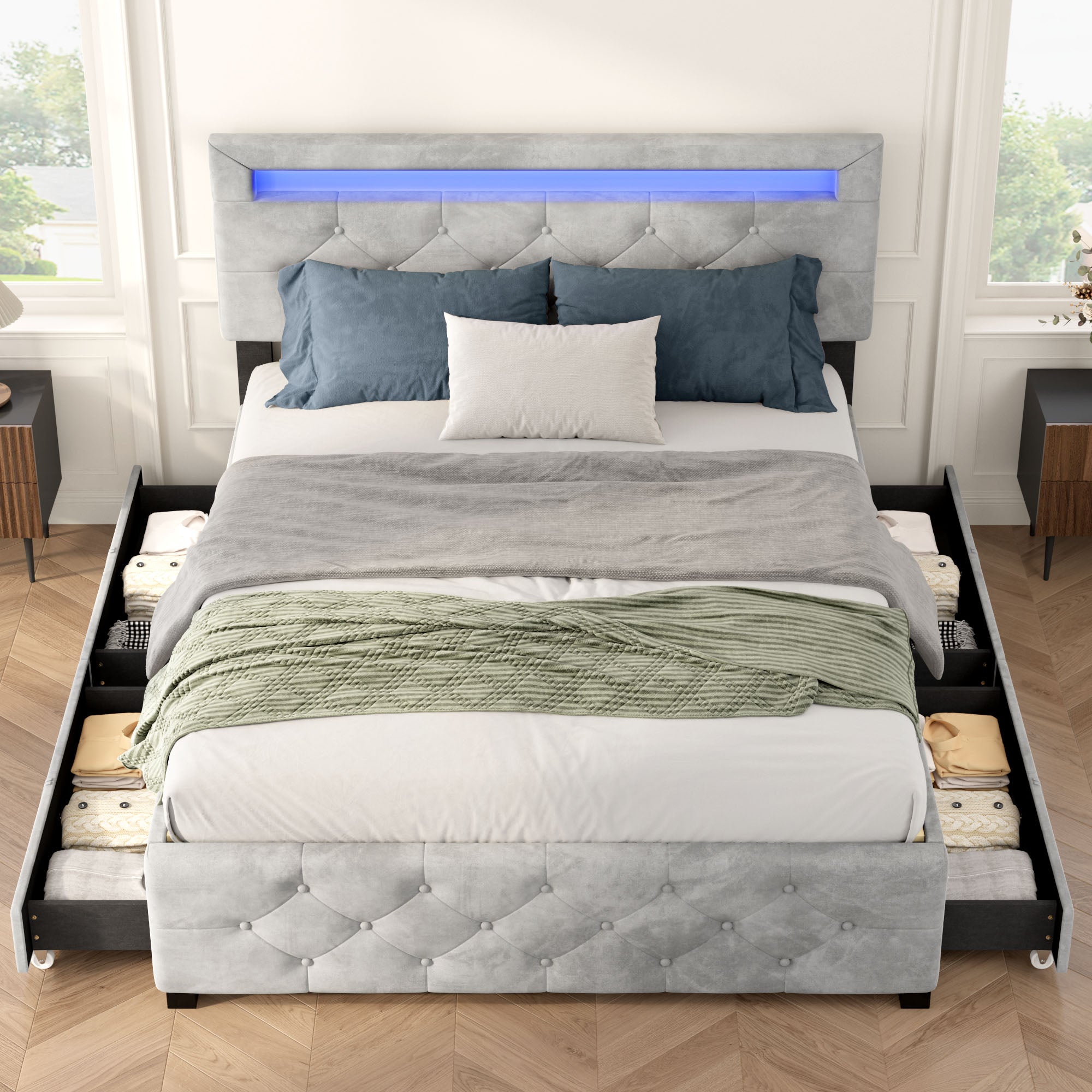 Queen Size Upholstered Velvet Bed Frame with Drawers and LED Lights