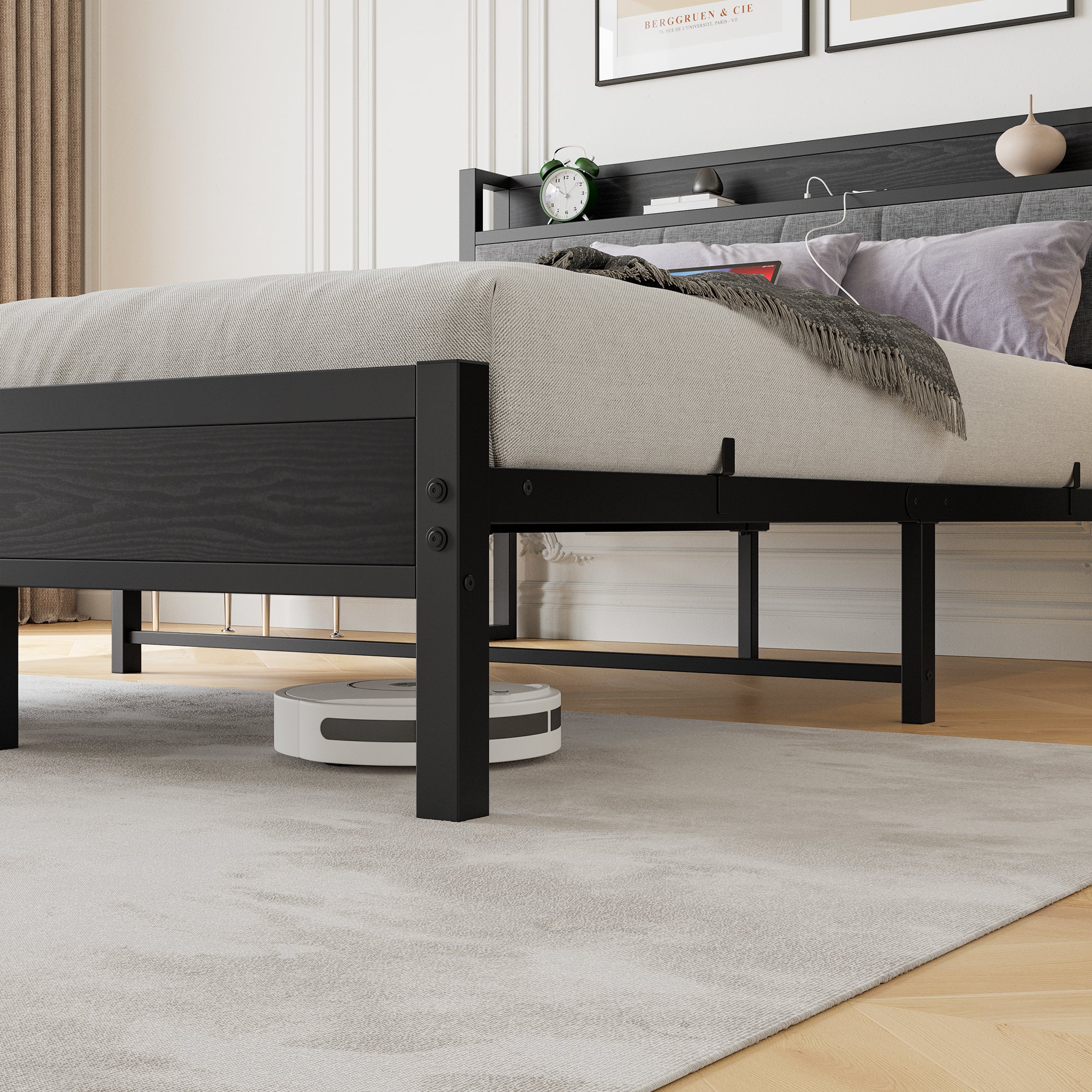 Modern Bed Frame with Storage Headboard and Charging Station