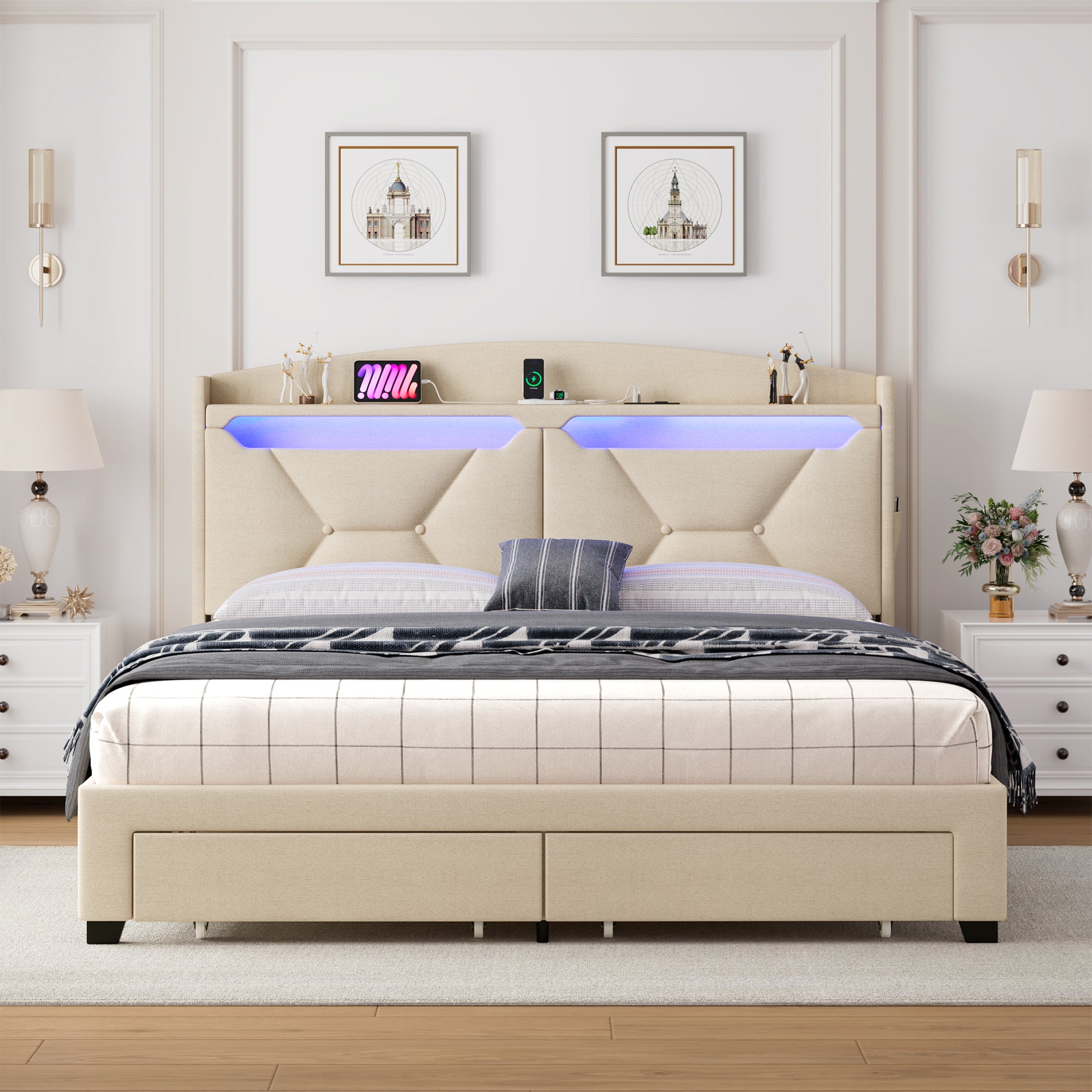 Modern Bed Frame with Storage Headboard and LED Lights