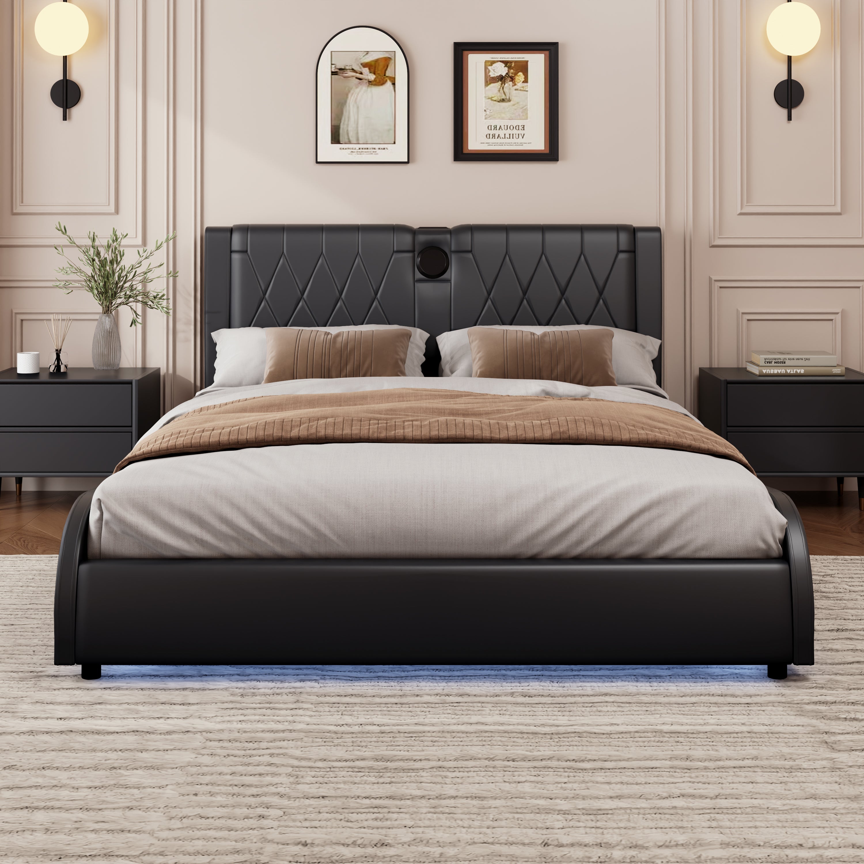 Luxurious Faux Leather Upholstered Platform Bed with Thickened Headboard