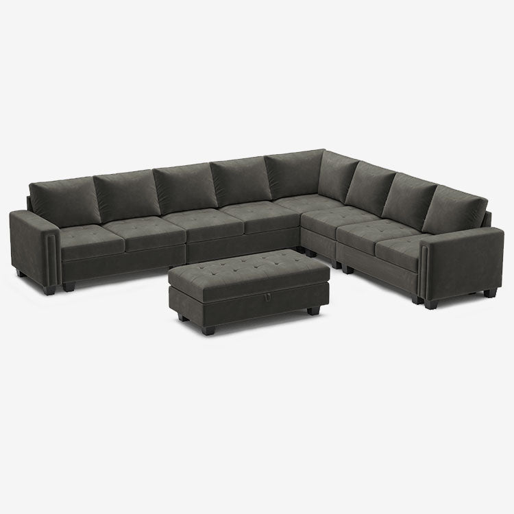 Belffin 8 Seats Modular Velvet Tufted Corner Sofa with Storage Ottoman
