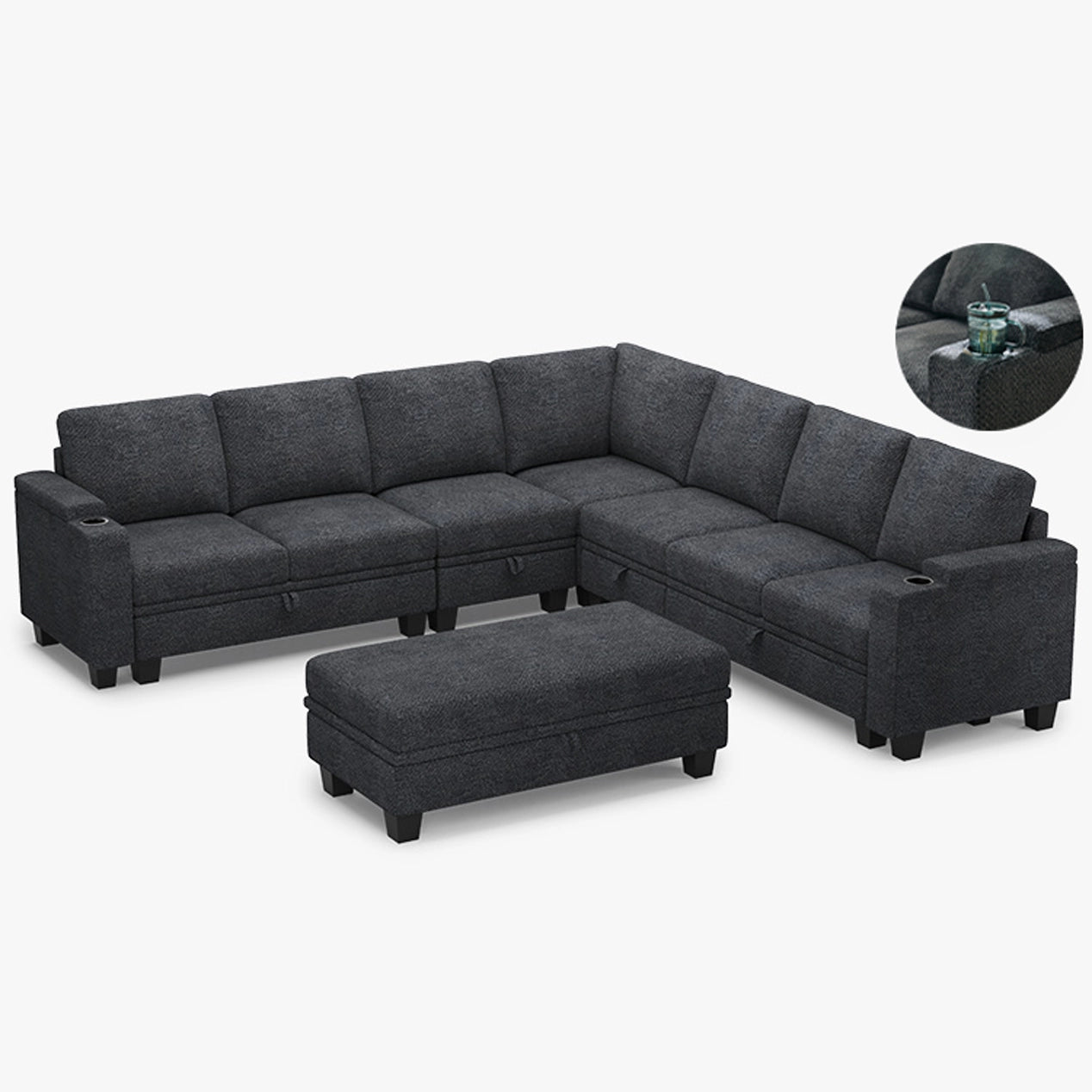 Vesper 7 Seater Modular Chenille Sofa with Storage Ottoman