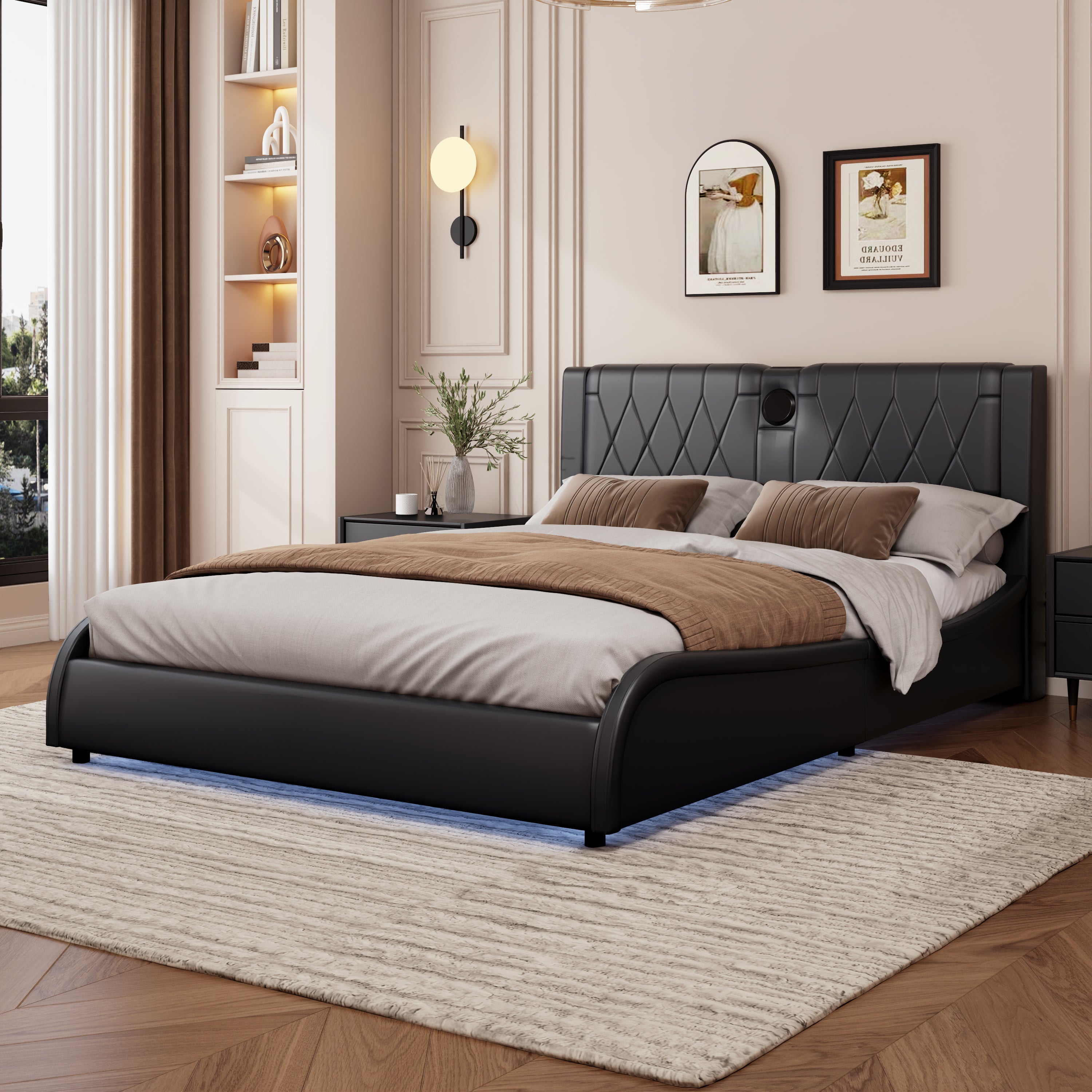 Luxurious Faux Leather Upholstered Platform Bed with Thickened Headboard