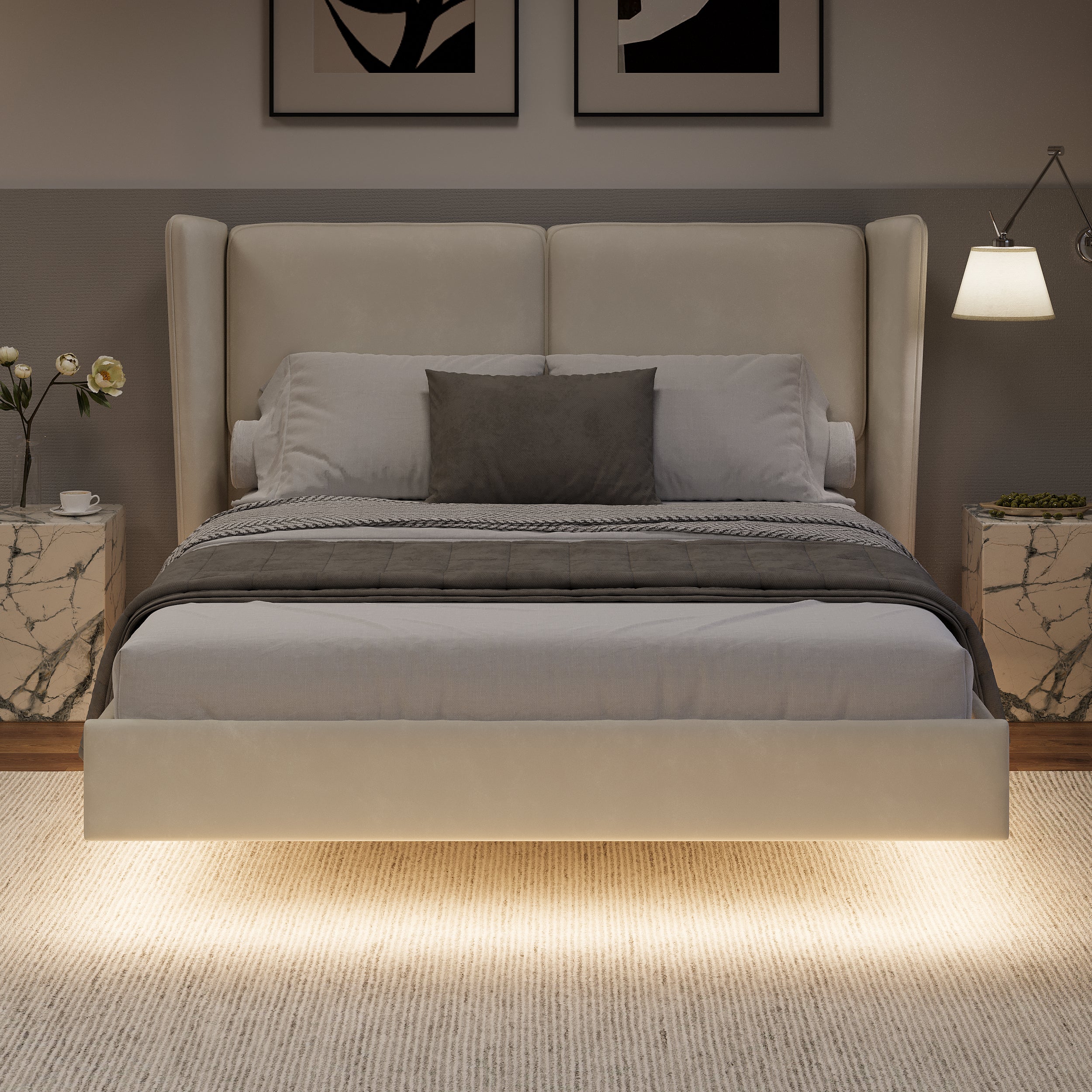 Modern Style Velvet Floating Bed Frame with LED Lights