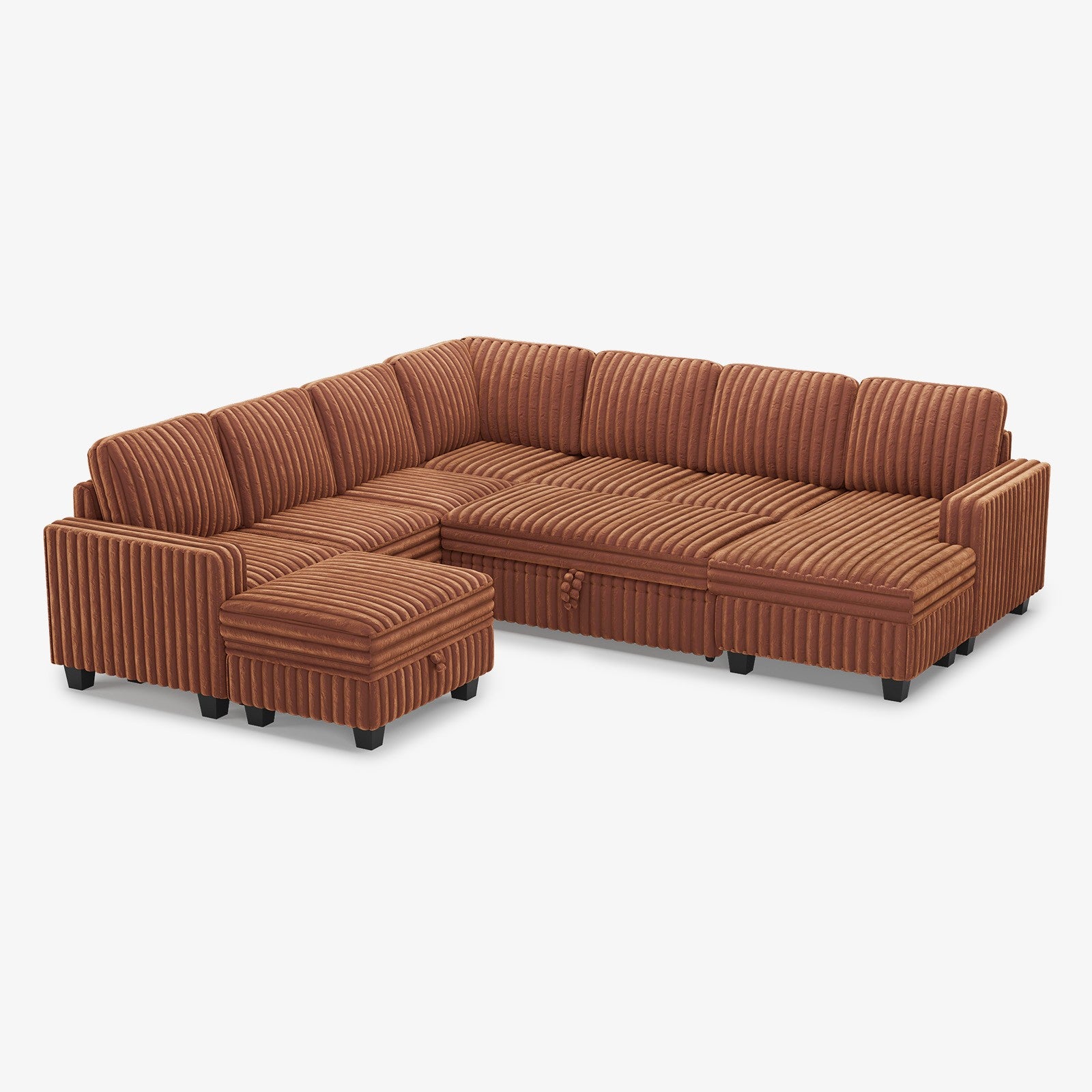 Plume 7 Seats Modular Faux Rabbit Fur Corduroy Pull-out Sleeper Sofa with Storage Seats and Chaise