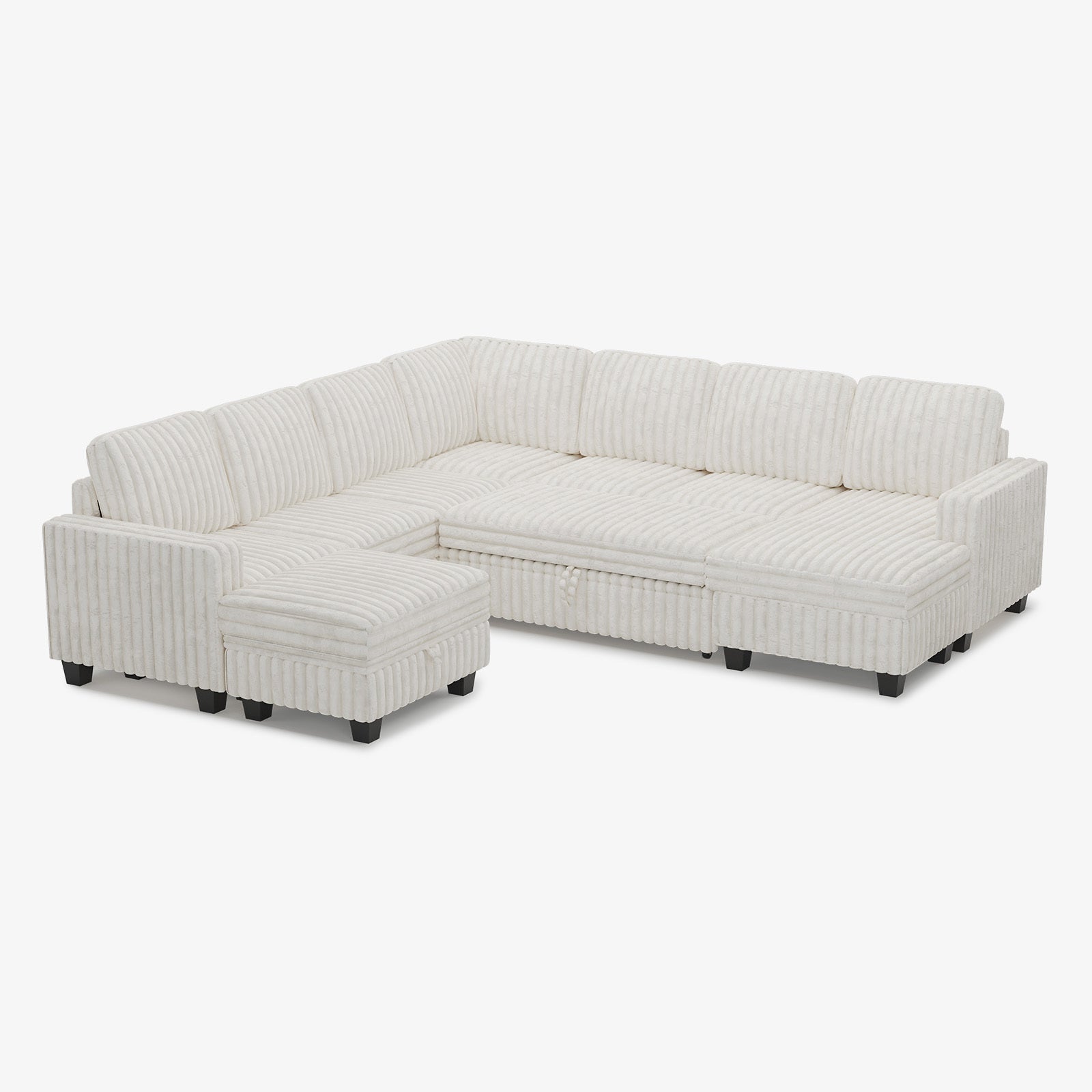 Plume 7 Seats Modular Faux Rabbit Fur Corduroy Pull-out Sleeper Sofa with Storage Seats and Chaise