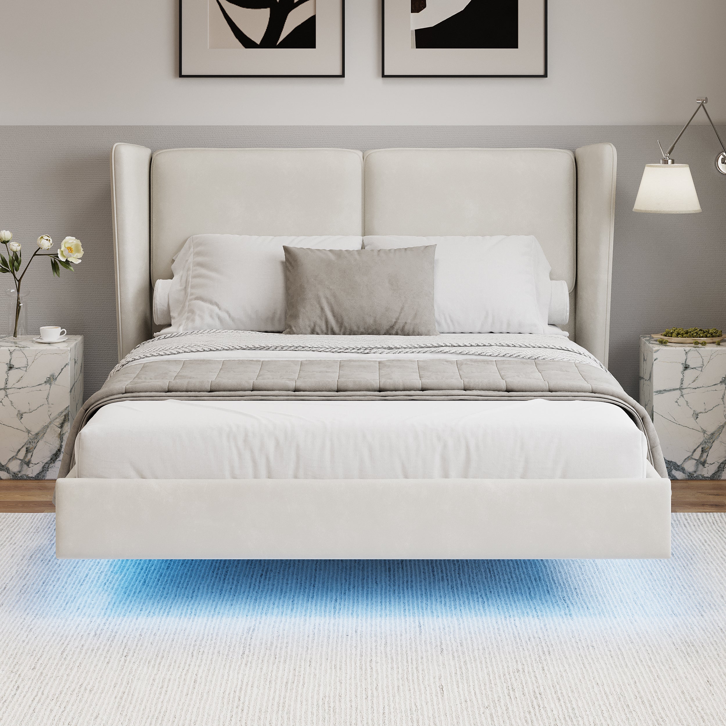 Modern Style Velvet Floating Bed Frame with LED Lights