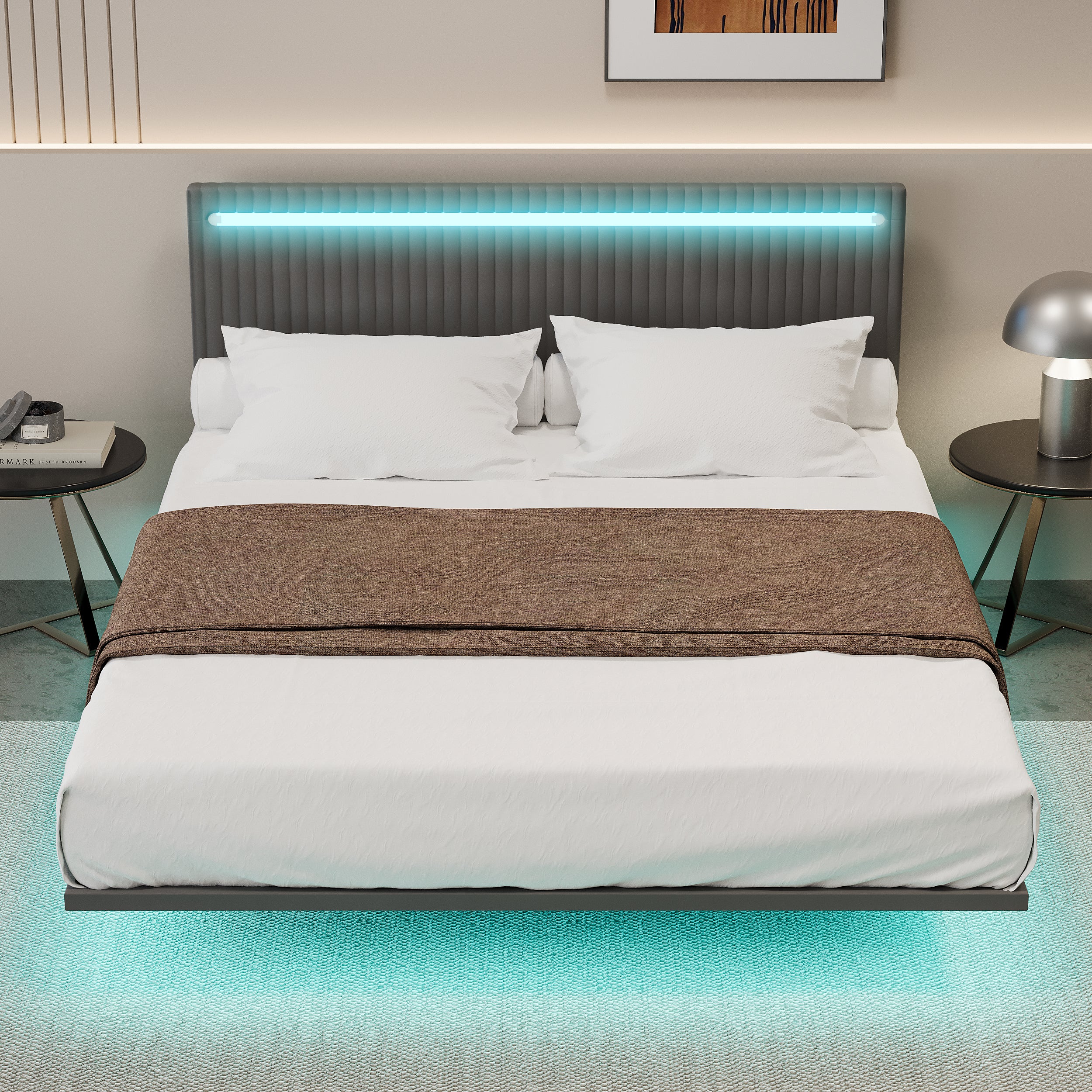 Modern Upholstered Floating Bed Frame with LED Lights