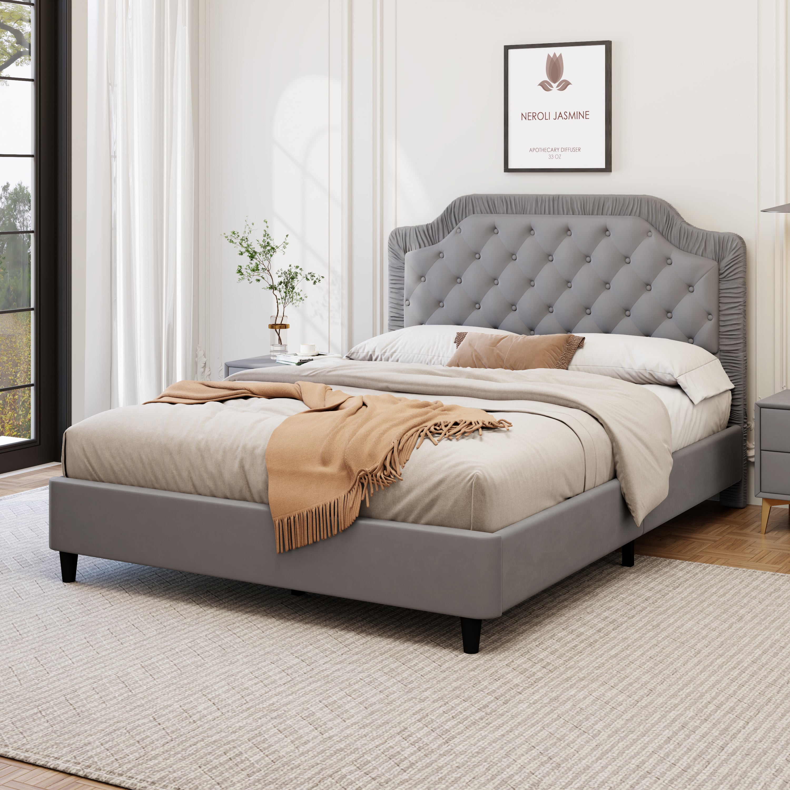 Modern Tufted Bed with Ruched and Button Headboard