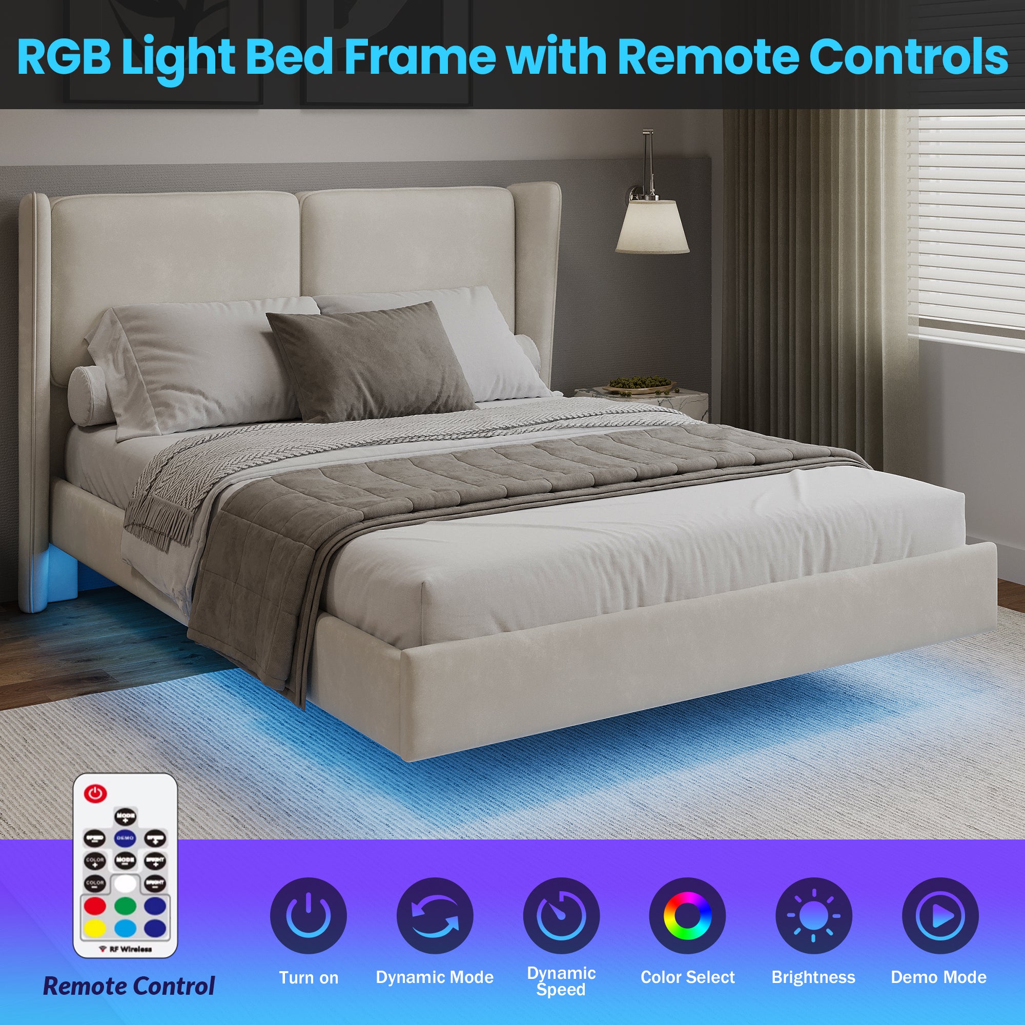 Modern Style Velvet Floating Bed Frame with LED Lights