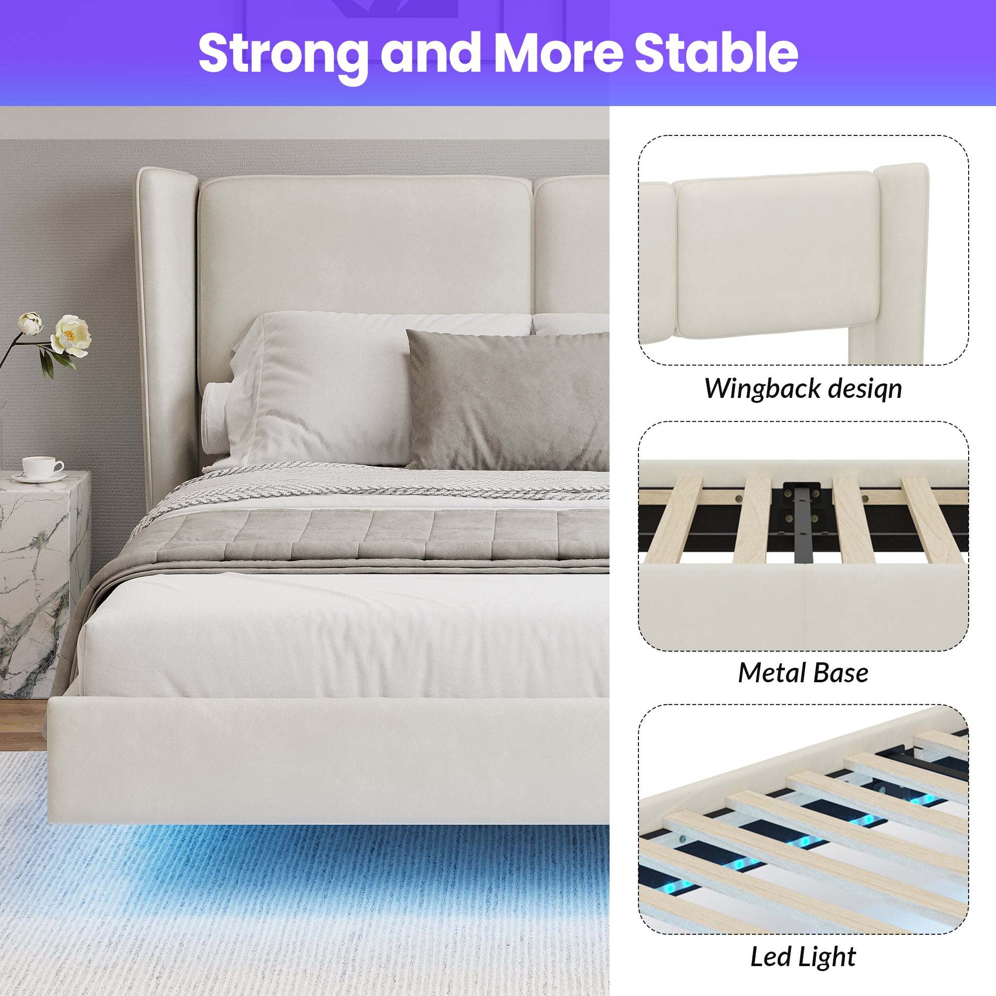 Modern Style Velvet Floating Bed Frame with LED Lights