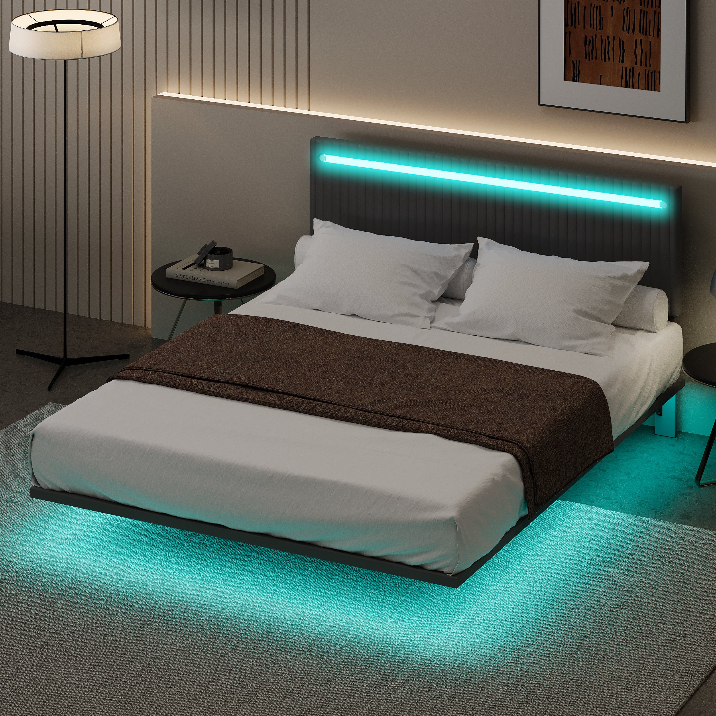 Modern Upholstered Floating Bed Frame with LED Lights