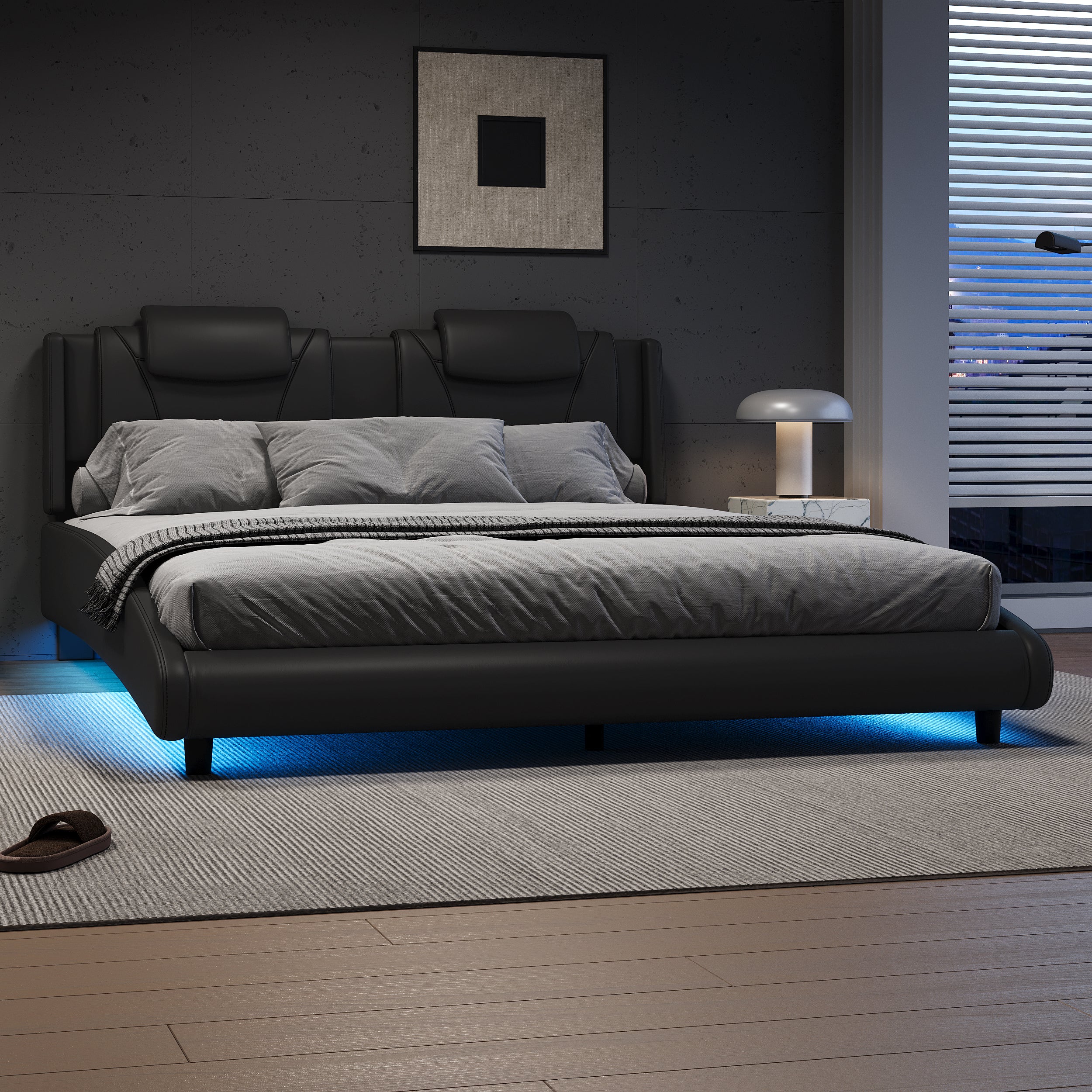 Modern Style Faux Leather Upholstered Platform Bed Frame with LED Light and Adjustable Headboard
