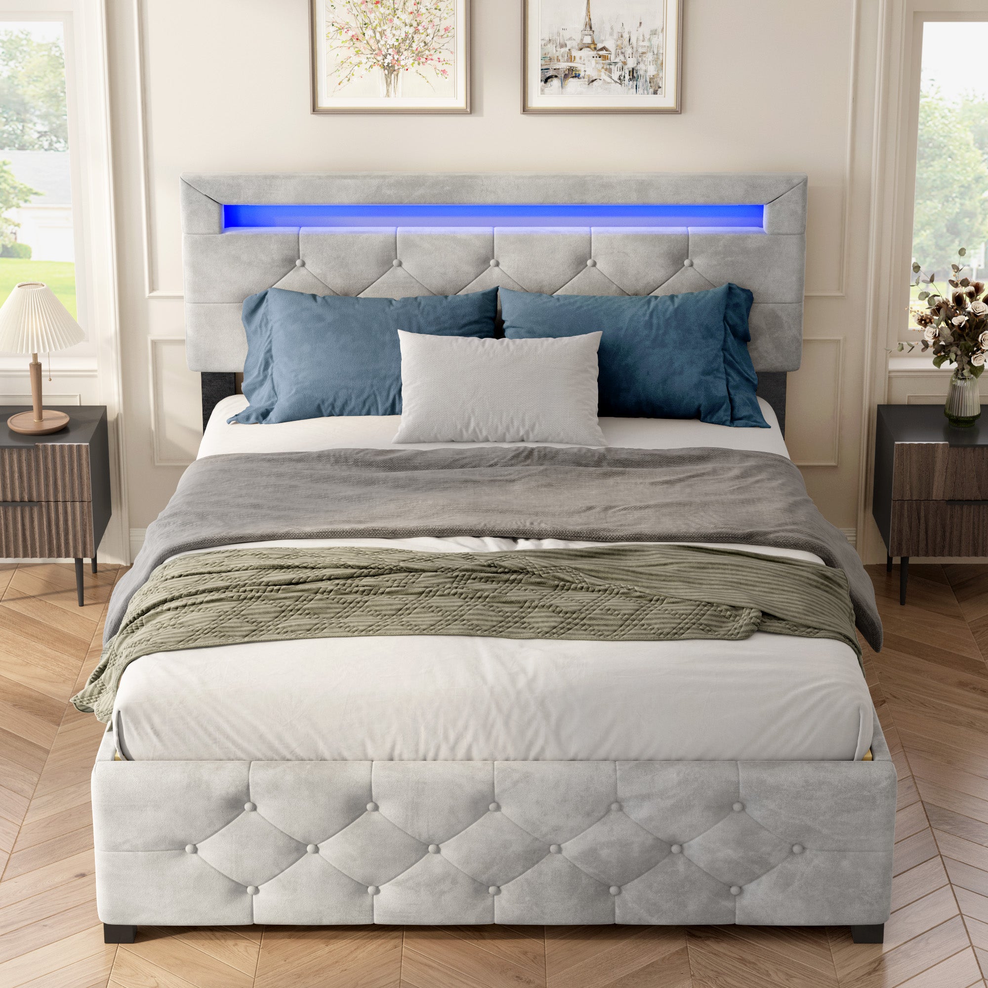 Queen Size Upholstered Velvet Bed Frame with Drawers and LED Lights