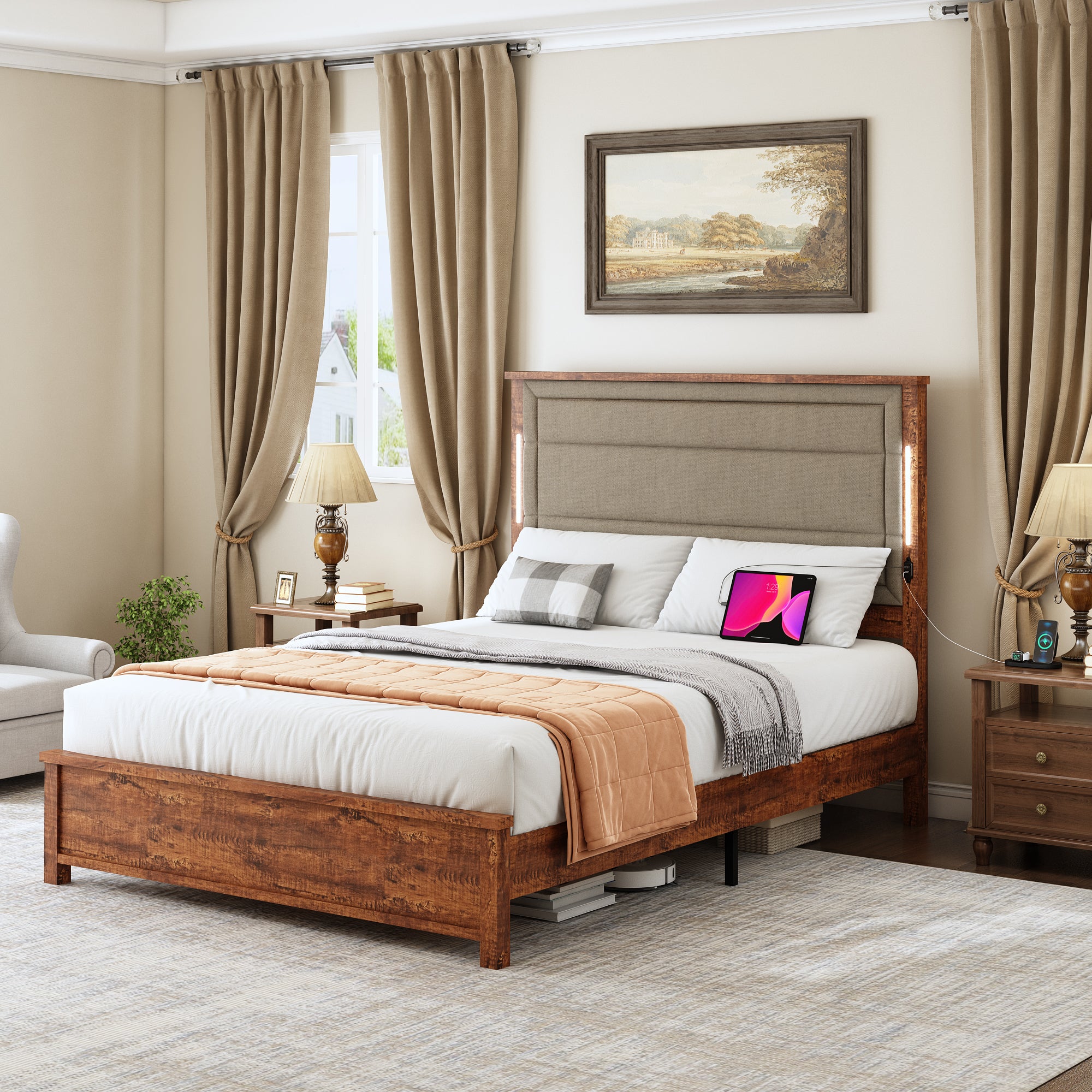 Queen Size Bed Frame with Charging Station and LED Lights
