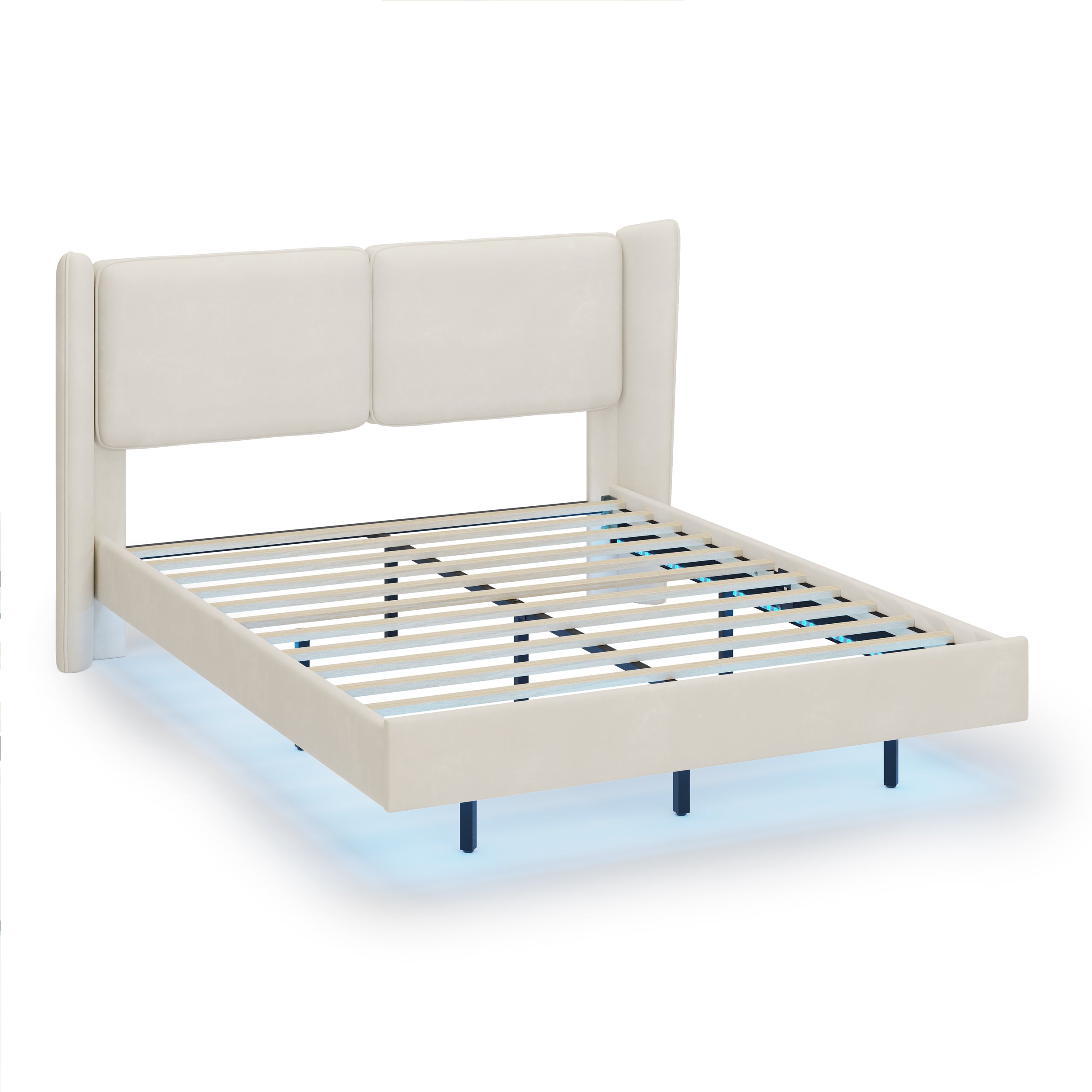 Modern Style Velvet Floating Bed Frame with LED Lights