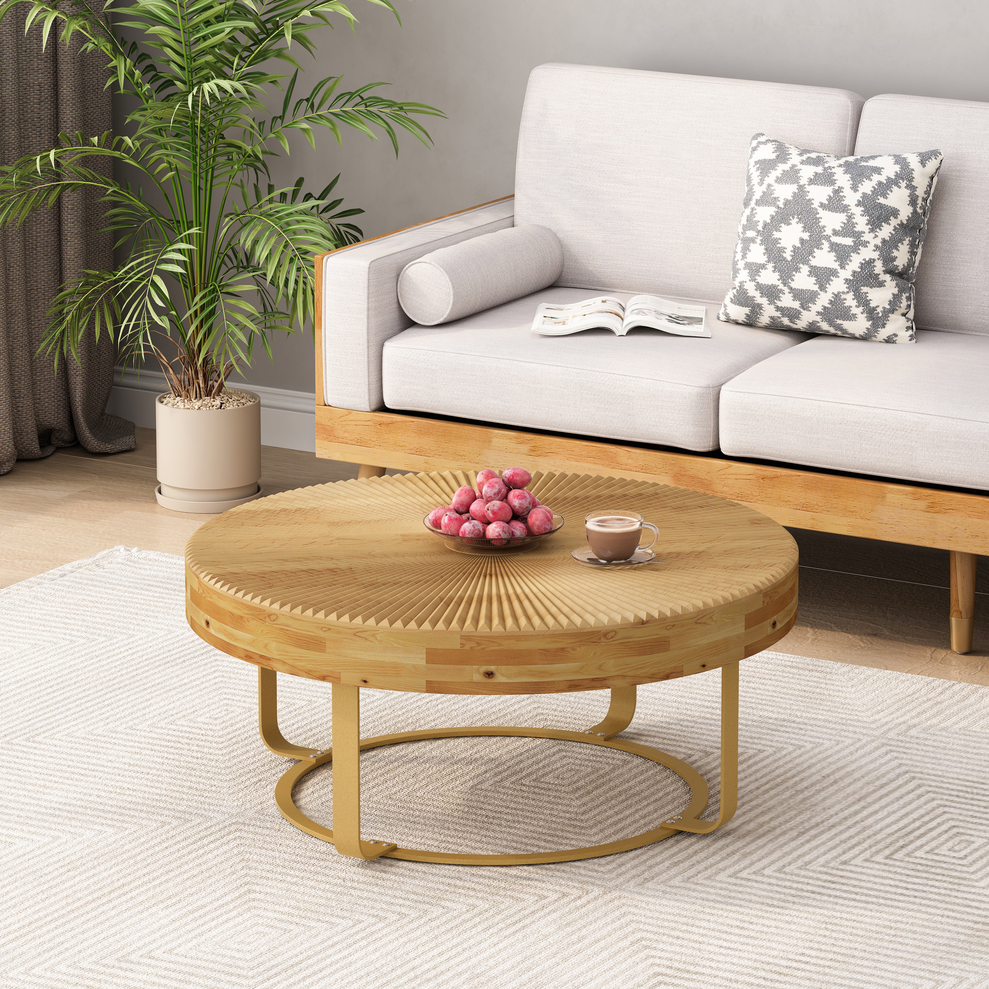 Modern Wooden Carving Pattern Coffee Table with Metal Legs