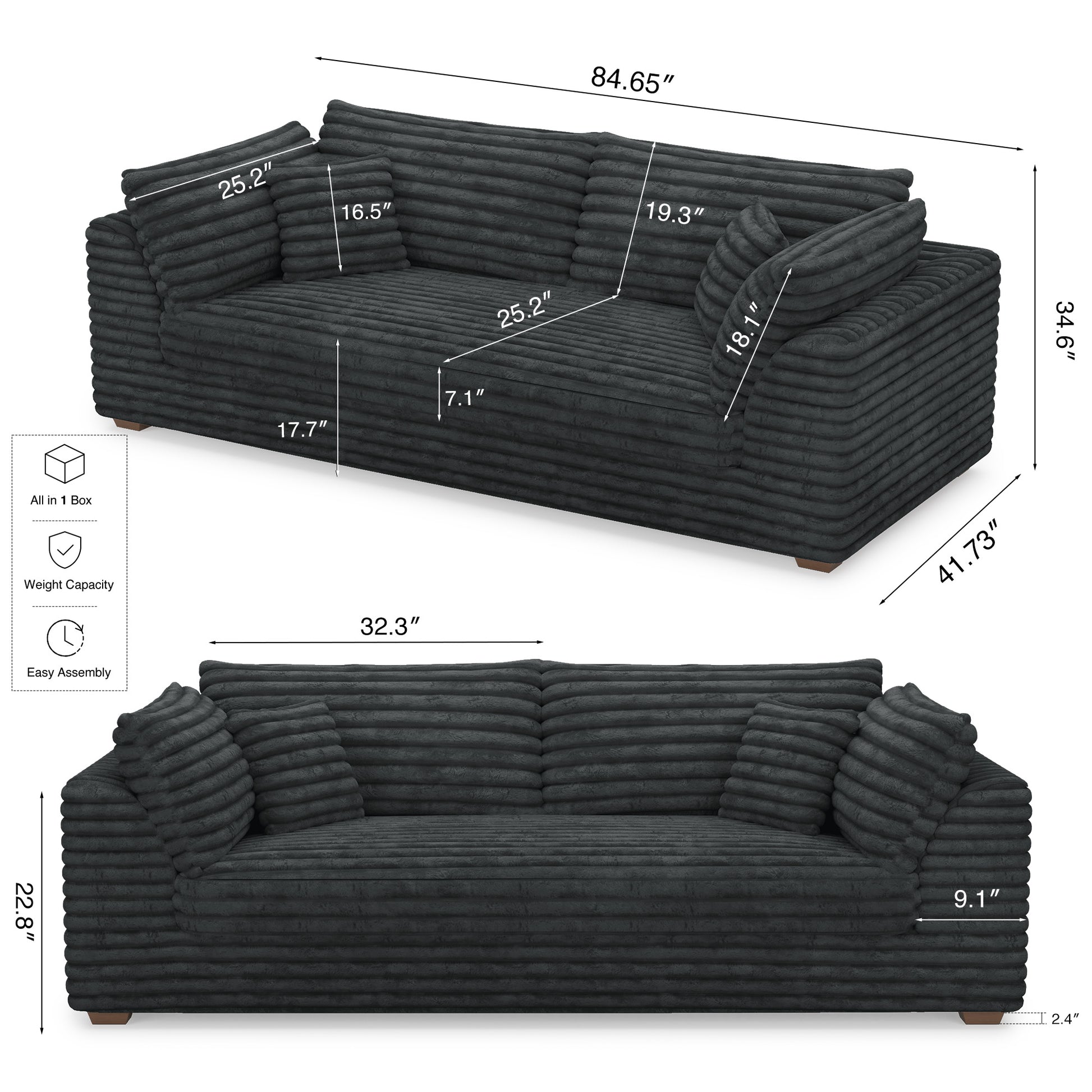 Dark-Grey-/-Faux-Rabbit-Fur-Corduroy-Loveseat