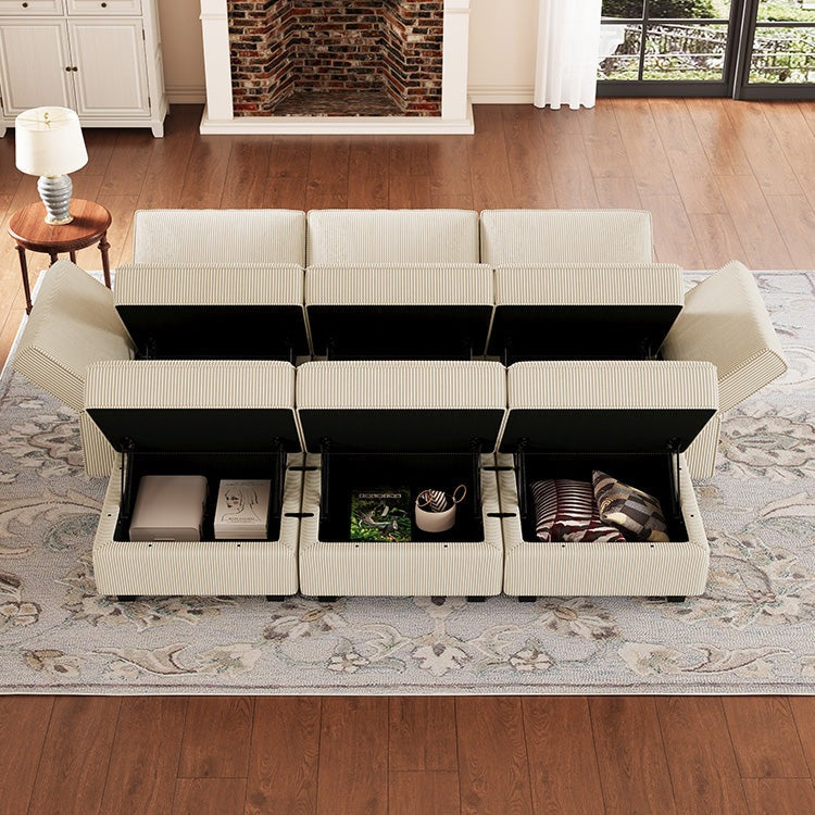 Belffin 6 Seats + 5 Sides Modular Wide Corduroy Sleeper Sofa with Storage Seat