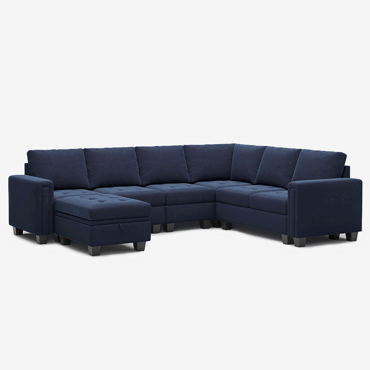 Belffin Modular Sofa - 6 Seats Velvet Tufted Sofa With Storage Ottoman