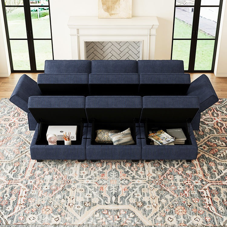 Belffin 6 Seats + 5 Sides Modular Wide Corduroy Sleeper Sofa with Storage Seat