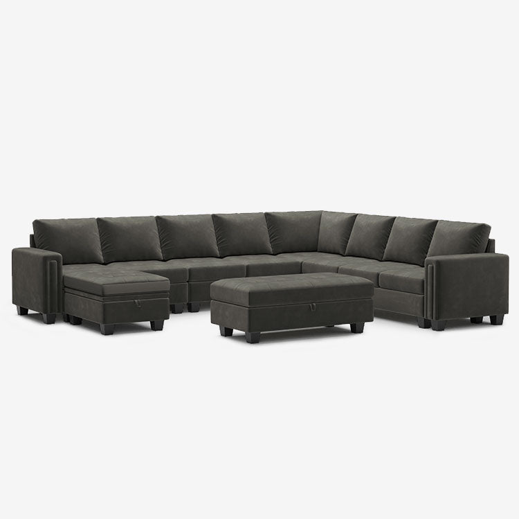 Belffin 9 Seats Modular Velvet Tufted Corner Sofa with Storage Ottoman