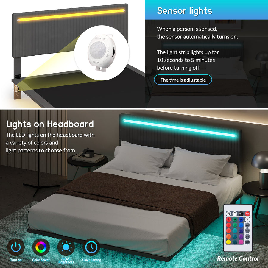 Modern Upholstered Floating Bed Frame with LED Lights BSN