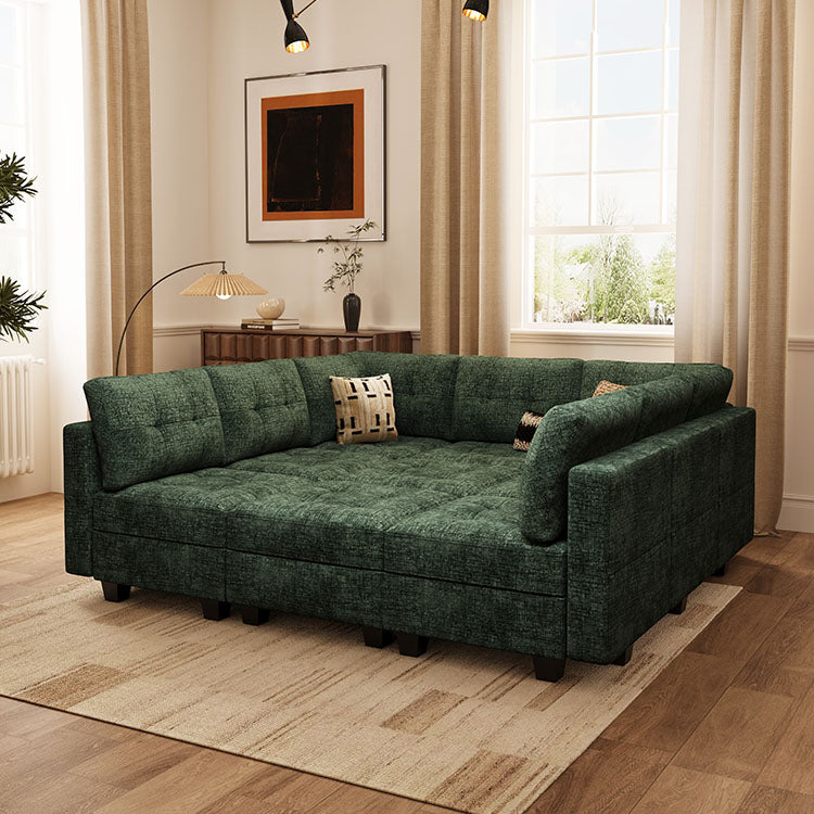 Belffin 9 Seats + 9 Sides Modular Chenille Tufted Sleeper Sofa with Storage Seat