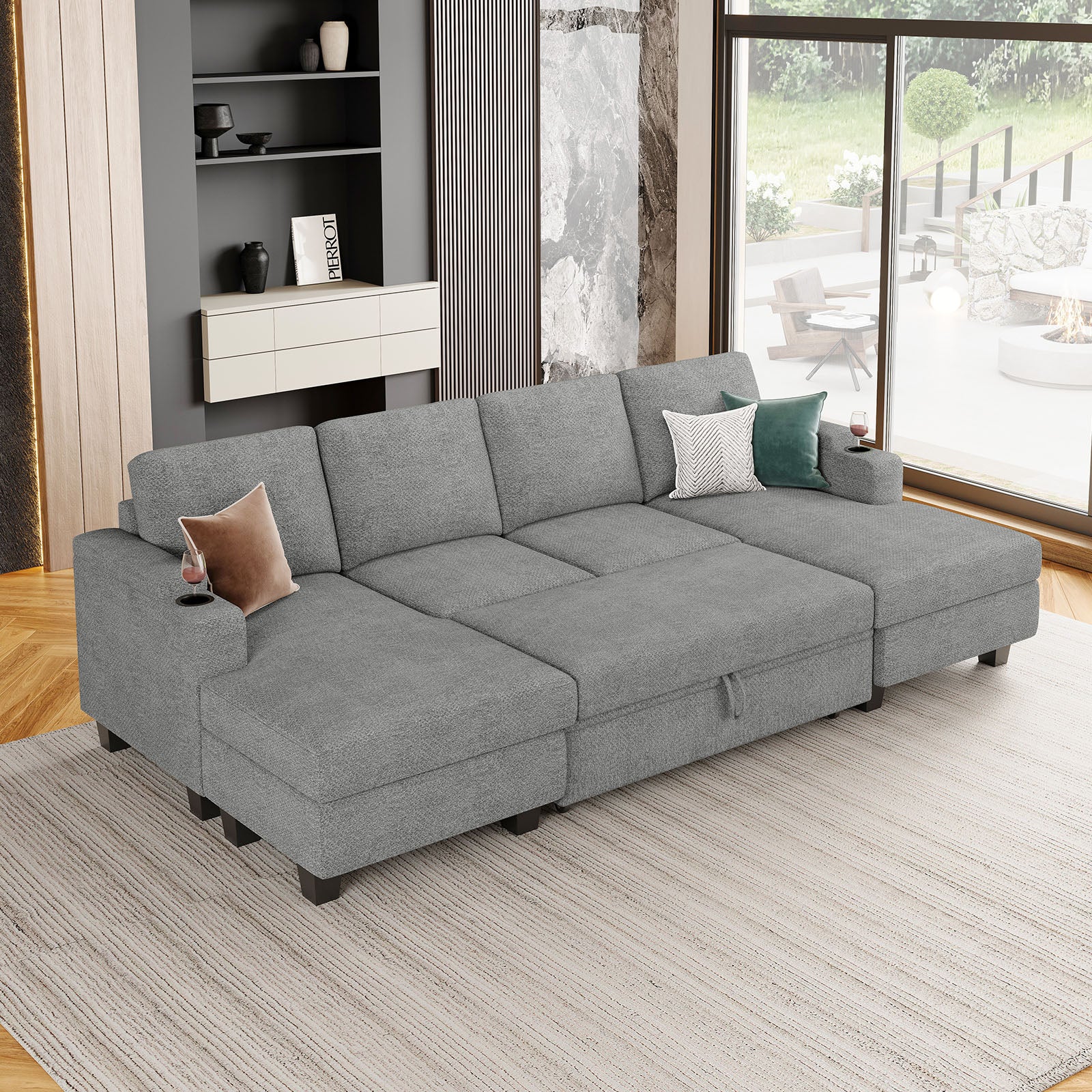 Belffin Modular 4 Seater Modular Chenille Pull-out  Sleeper Sofa with Storage Chaises