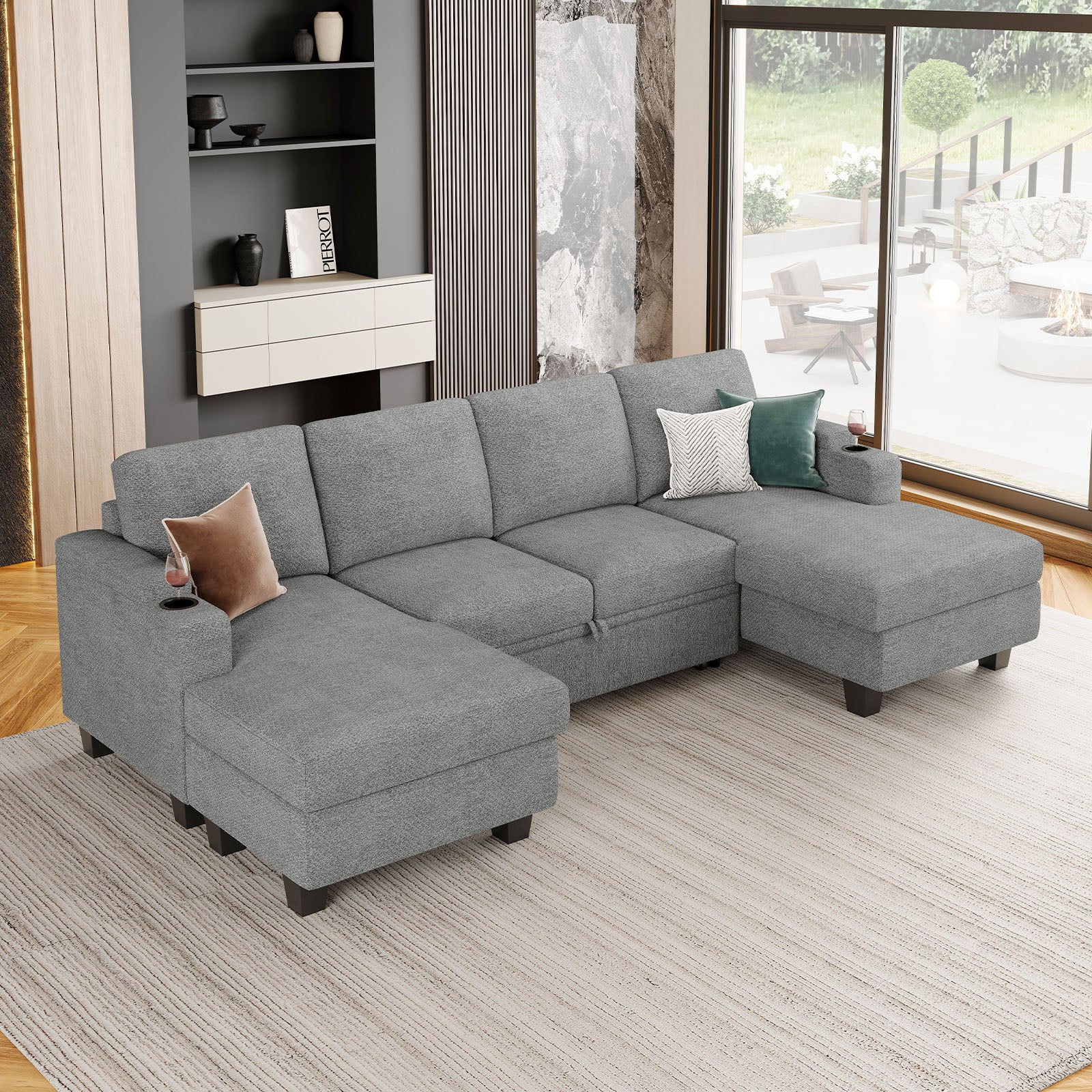 Belffin Modular 4 Seater Modular Chenille Pull-out  Sleeper Sofa with Storage Chaises