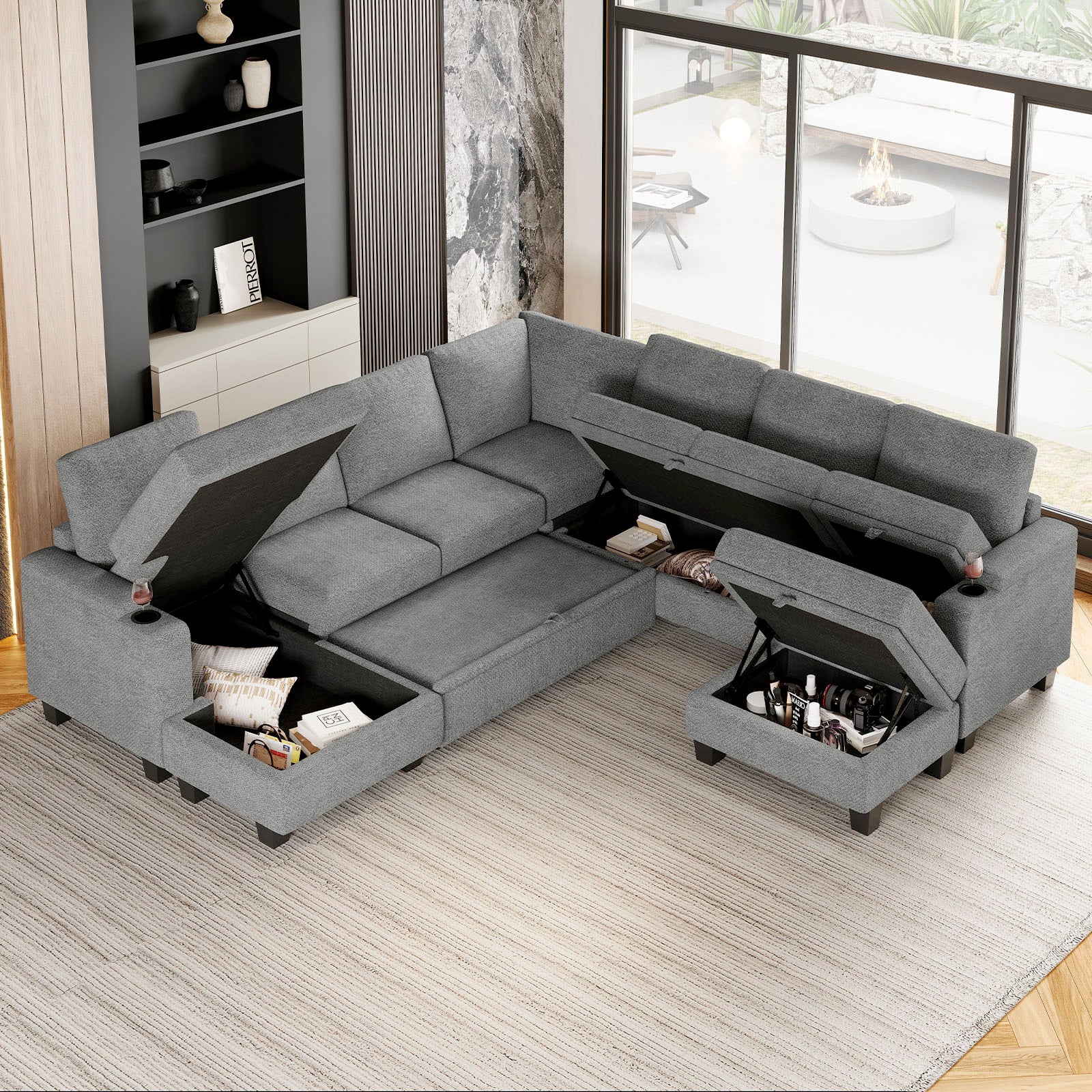 Belffin Modular 7 Seater Modular Chenille Pull-out  Sleeper Sofa with Storage Chaise