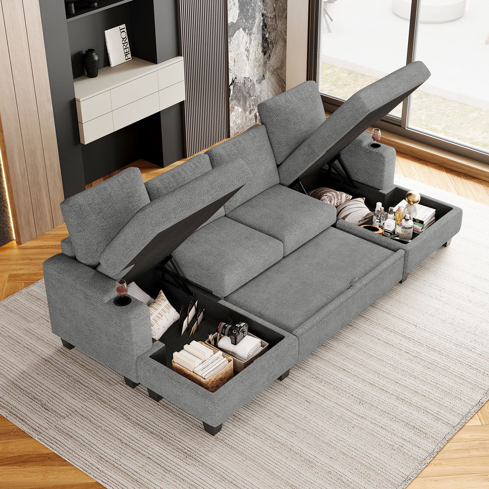 Belffin Modular 4 Seater Modular Chenille Pull-out  Sleeper Sofa with Storage Chaises