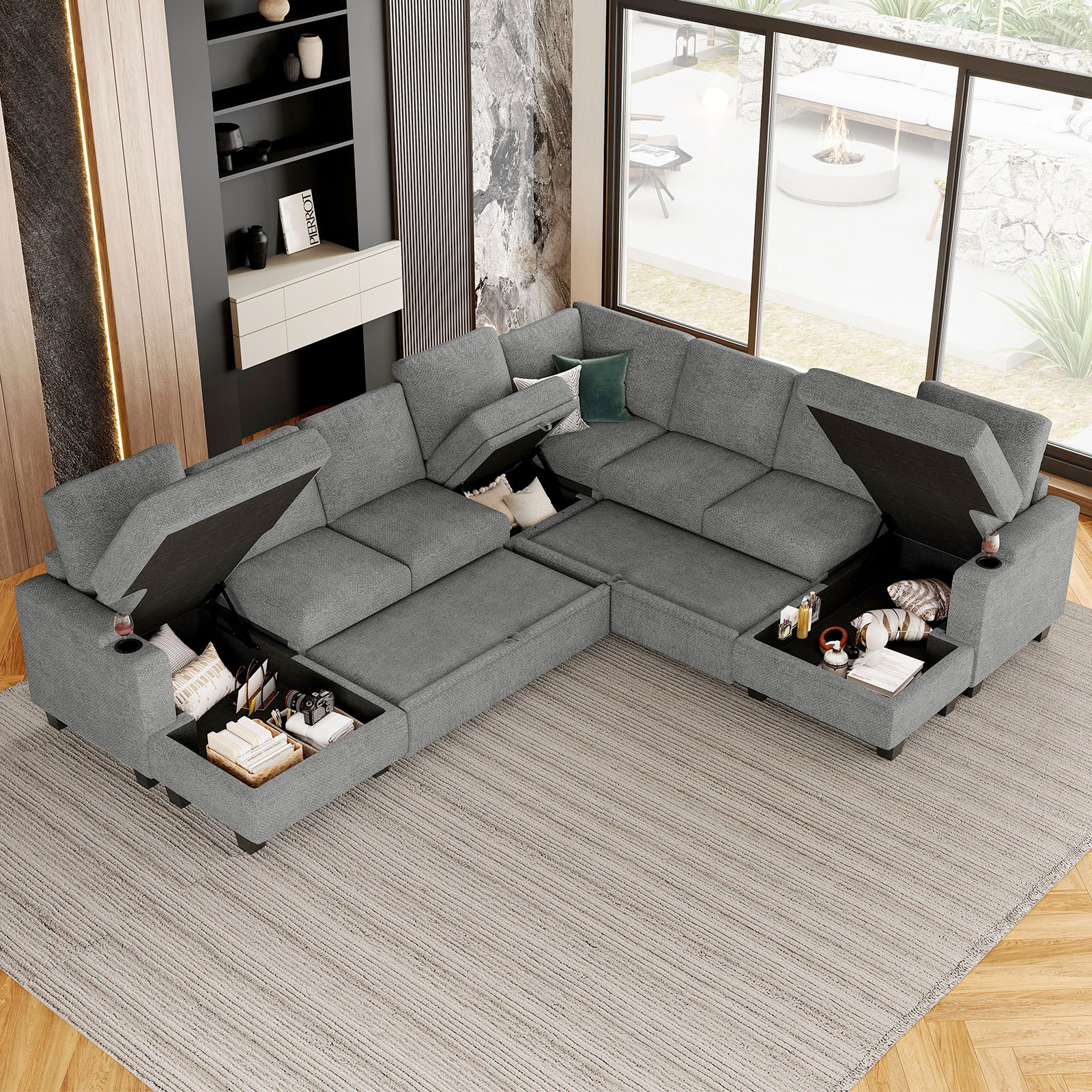 Belffin Modular 8 Seater Modular Chenille Pull-out  Sleeper Sofa with Storage Chaises