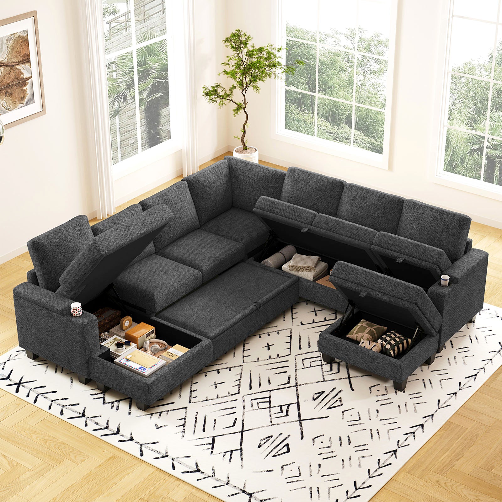 Belffin Modular 7 Seater Modular Chenille Pull-out  Sleeper Sofa with Storage Chaise