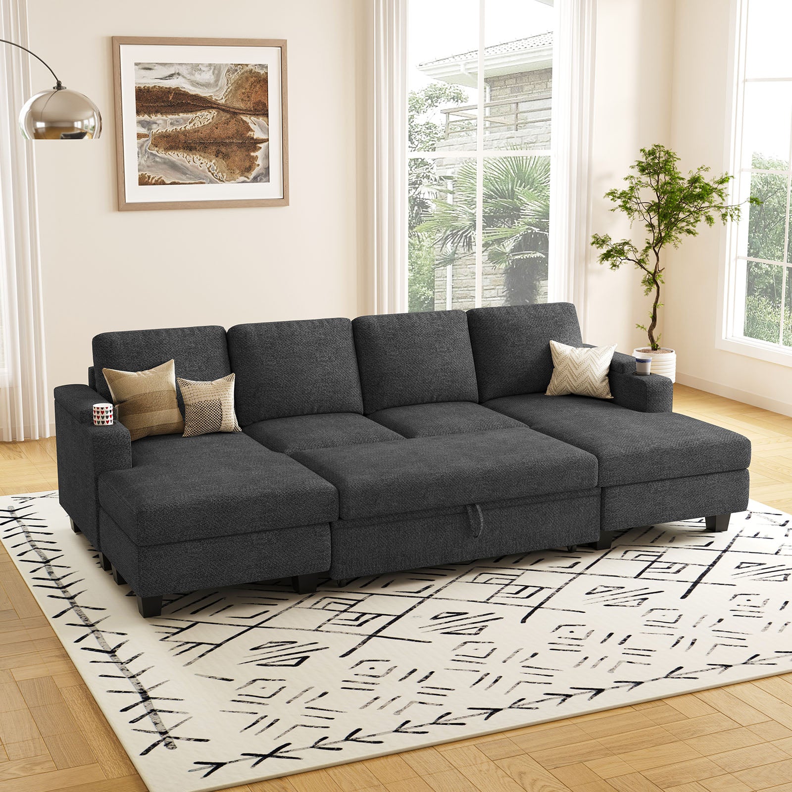 Belffin Modular 4 Seater Modular Chenille Pull-out  Sleeper Sofa with Storage Chaises