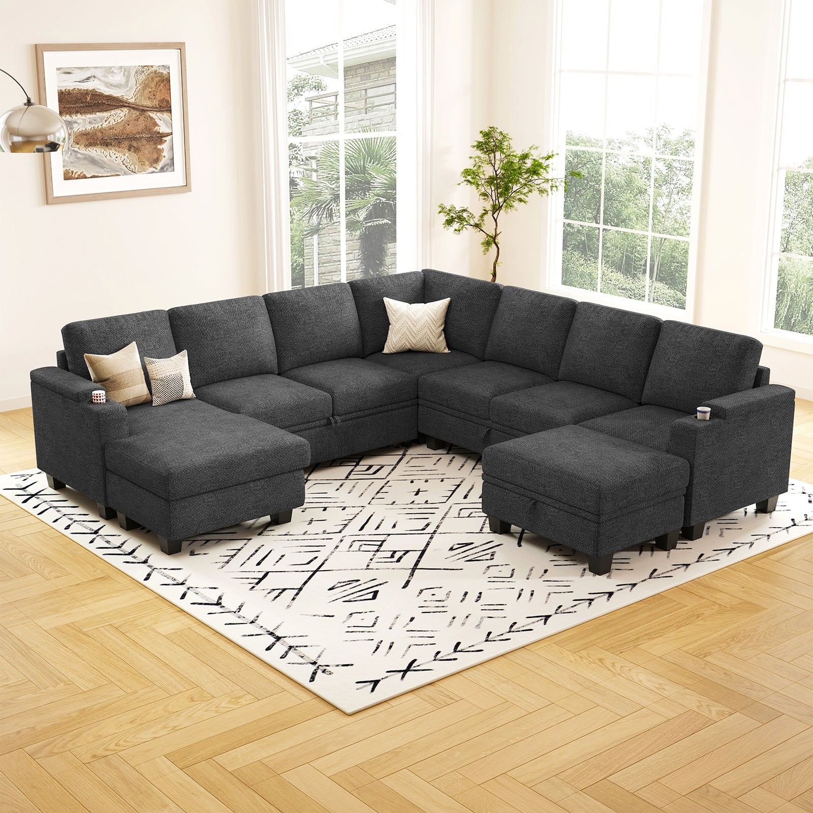 Belffin Modular 7 Seater Modular Chenille Pull-out  Sleeper Sofa with Storage Chaise