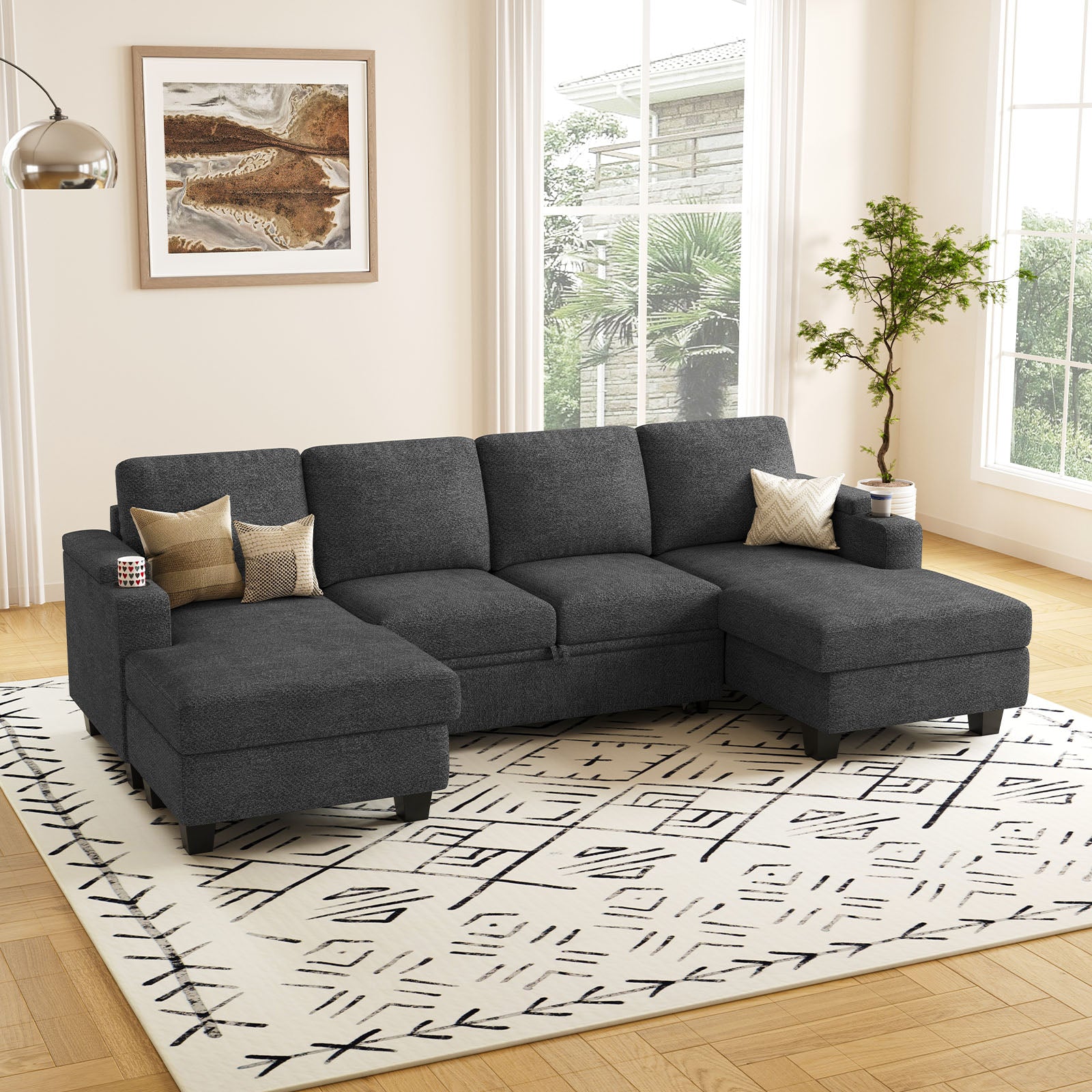 Belffin Modular 4 Seater Modular Chenille Pull-out  Sleeper Sofa with Storage Chaises