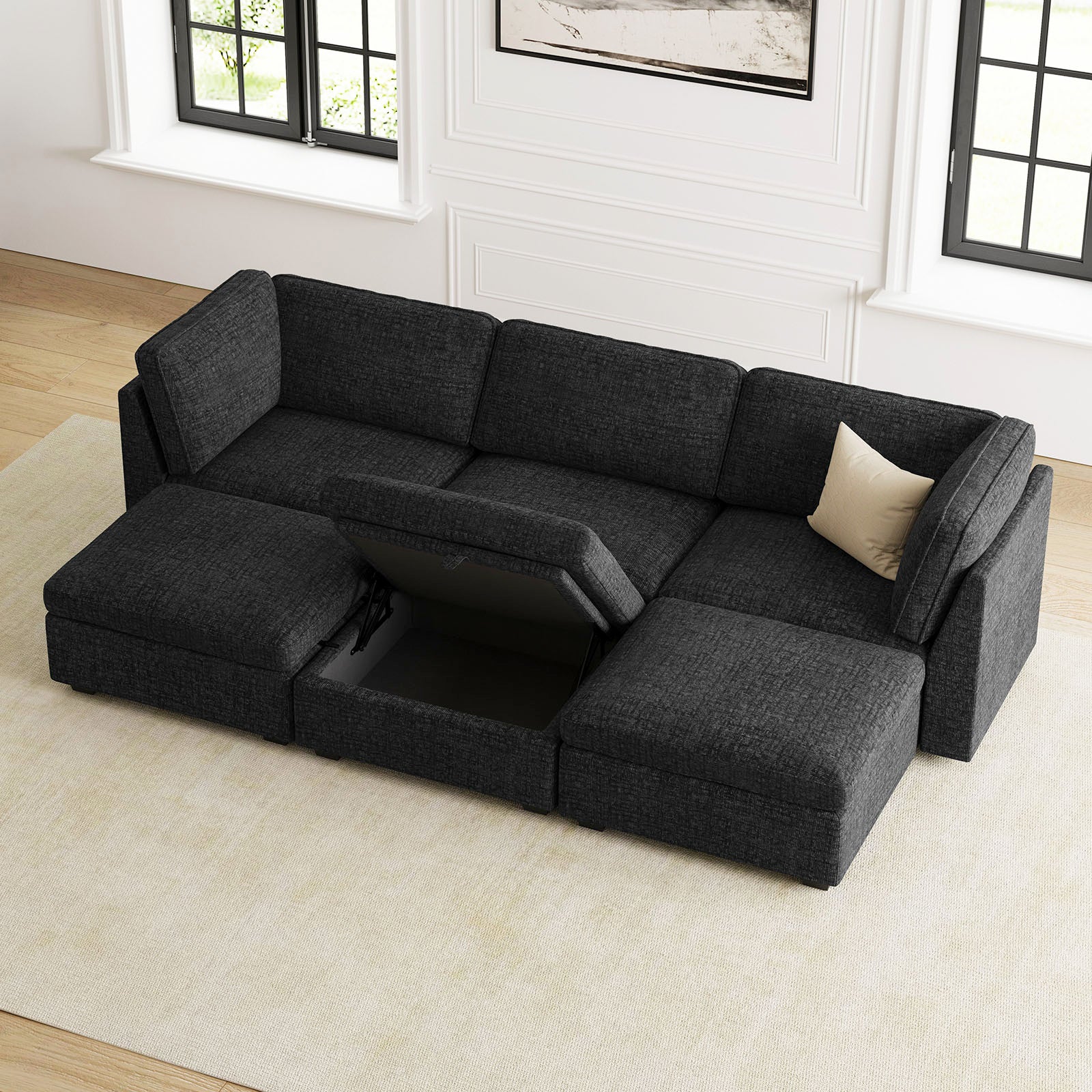 Belffin 6 Seats + 5 Sides Oversized Modular Chenille Cloud Sleeper Sofa with Large Storage Seat