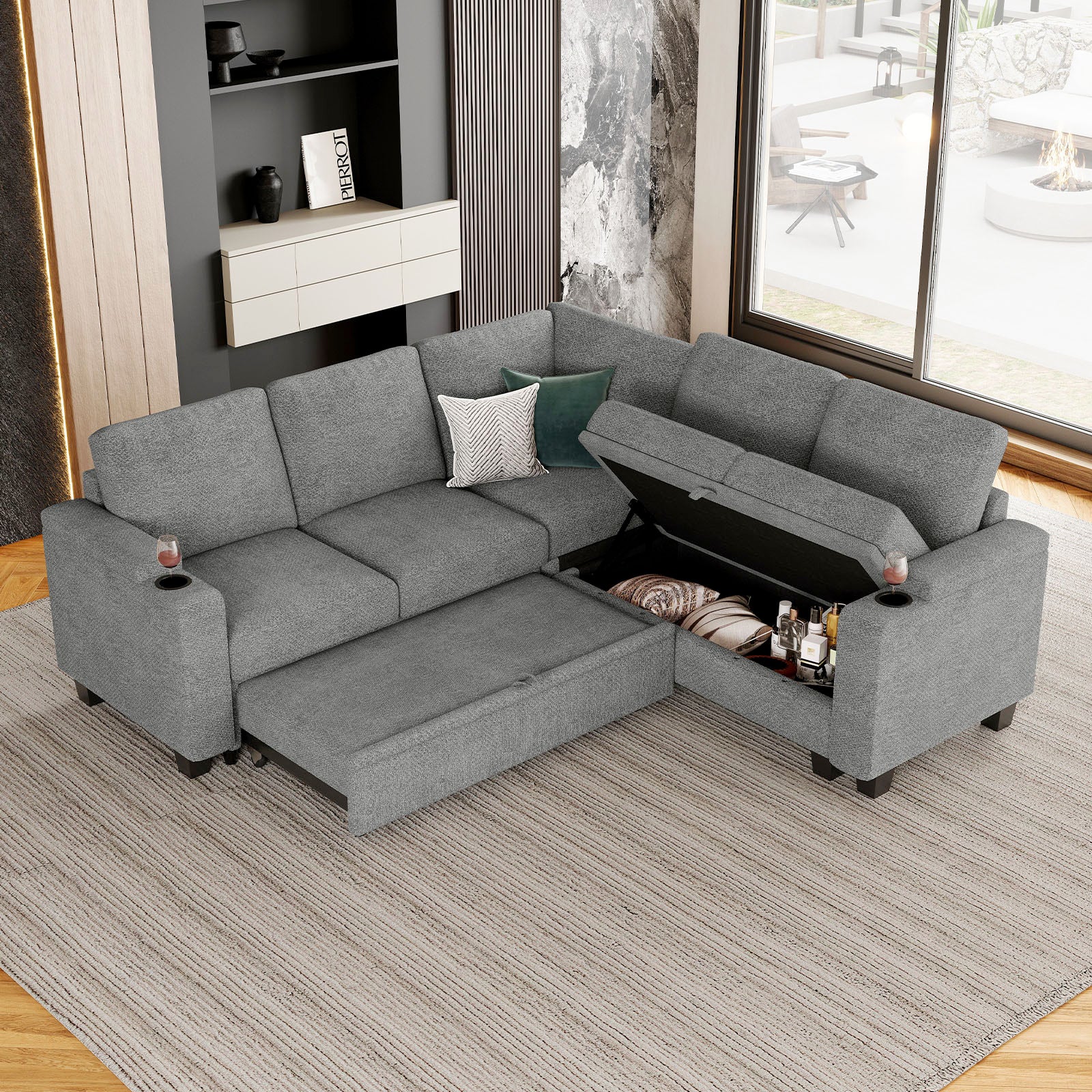 Belffin Modular 5 Seater Modular Chenille Pull-out  Sleeper Sofa with Storage Seats